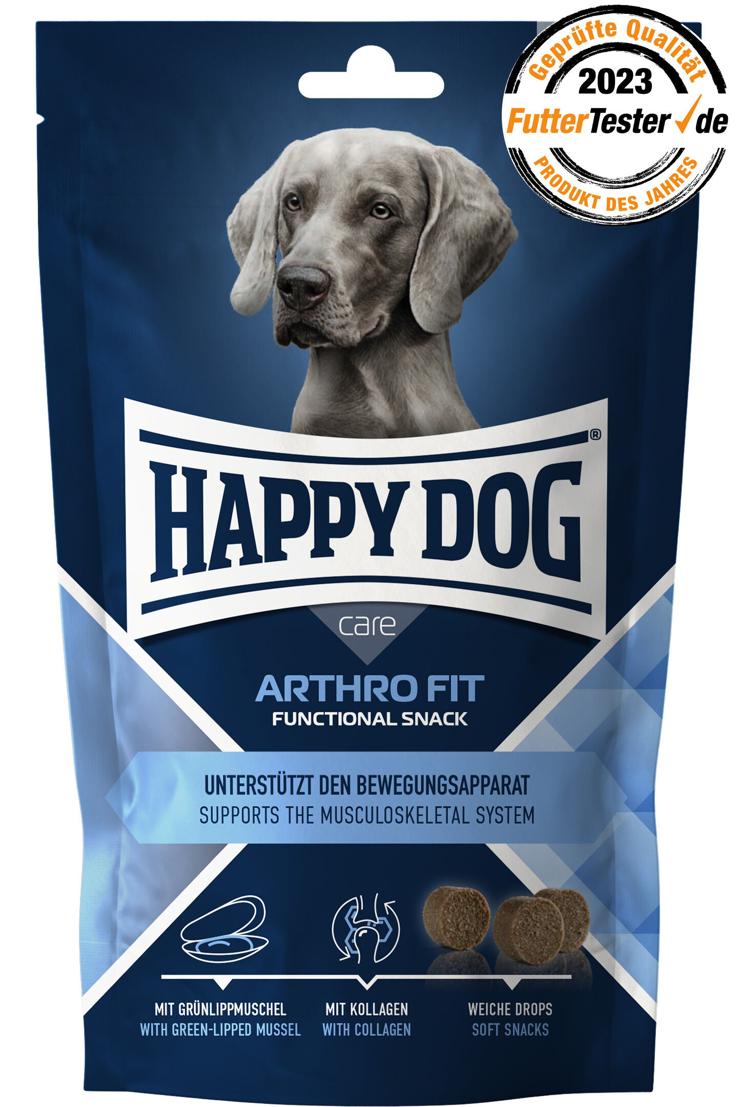 Care Snack Arthro Fit Eine dunkelblaue Verpackung von "Happydog Arthro Fit Functional Snack" zeigt einen Hund. Text betont die Gelenkunterstützung mit Grünlippmuschel und Kollagen. Oben eine Auszeichnung: "2023 Produkt des Jahres".