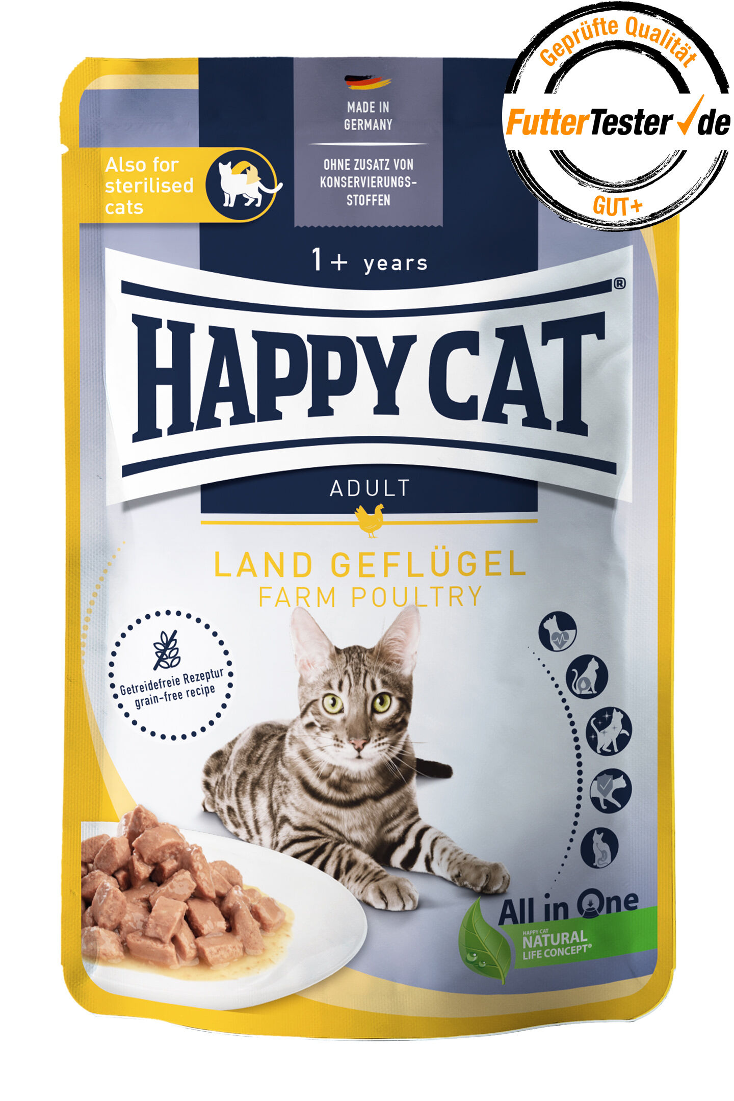 Katzenfutterverpackung von Happycat, zeigt eine Katze neben Futterstücken; Texte: "Happy Cat", "Adult", "Land Geflügel", "Getreidefreie Rezeptur", "Ohne Zusatz von Konservierungsstoffen", "Made in Germany", "FutterTester.de GUT+".