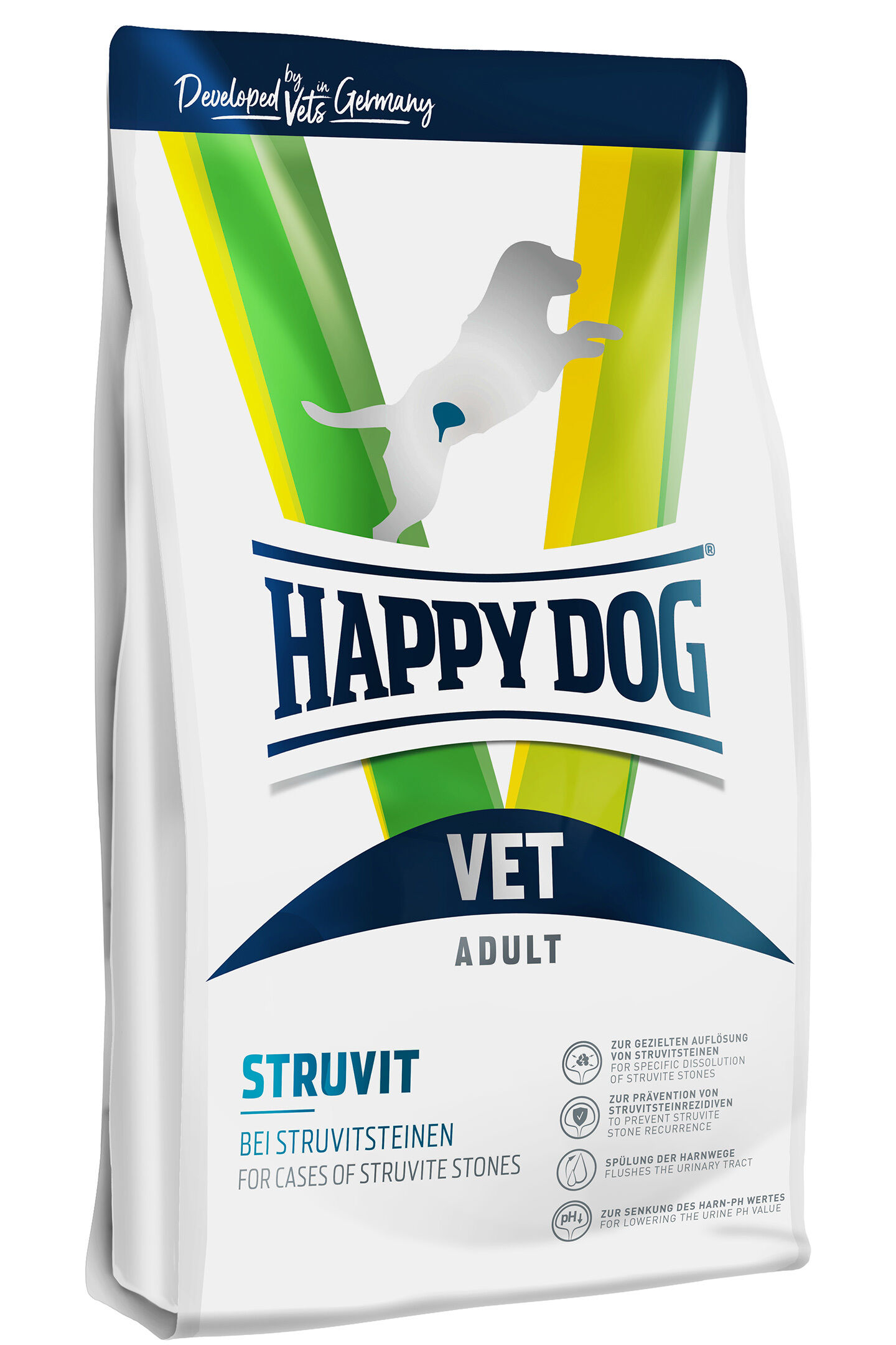 VET Diät Struvit trocken Verpackung mit der Aufschrift "HAPPY DOG VET ADULT STRUVIT". Entwickelt in Deutschland, für Struvitsteine bei Hunden. Grafiken zeigen zusätzliche Informationen zur Steinauflösung und Vorbeugung.