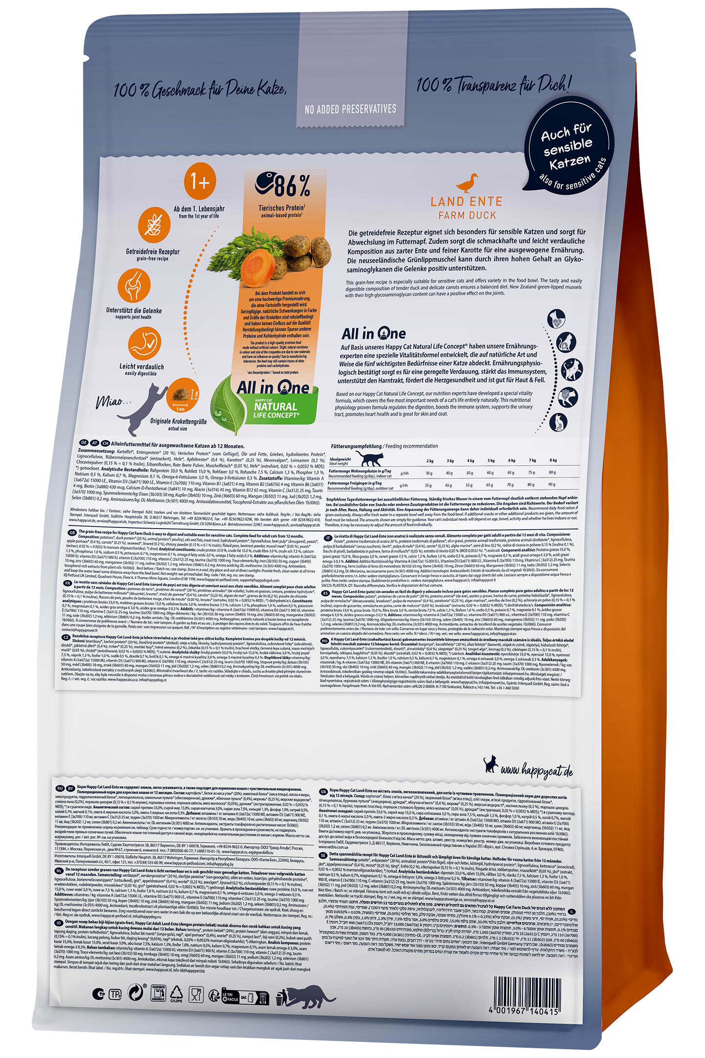 Katzenfutterverpackung mit Text über Inhaltsstoffe und Verwendungshinweise. Unterstreicht Transparenz, unterstützt Gelenke, leicht verdaulich, getreidefrei, original Krokettenformel.