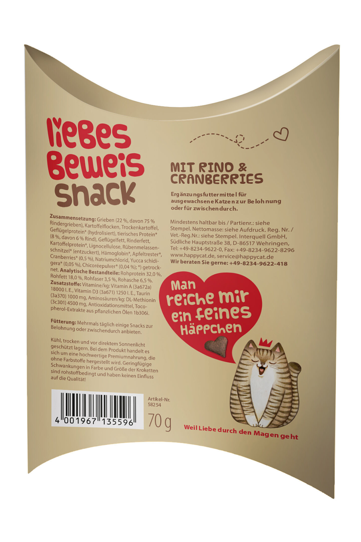 Verpackung eines Katzenfutters mit Herzmotiv und Katze; Text: "Liebes Beweis Snack mit Rind & Cranberries. Zusammensetzung: Grieben, Kartoffelflocken, etc. Mehrmals täglich anbieten."