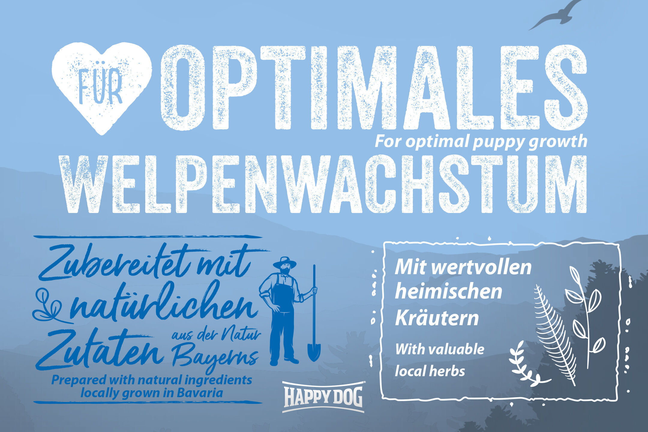 Blauer Hintergrund, Text: „Für optimales Welpenwachstum. Zubereitet mit natürlichen Zutaten aus der Natur Bayerns. Mit wertvollen heimischen Kräutern.“ Happydog-Logo unten. Grafiken von Kräutern und Bauer.