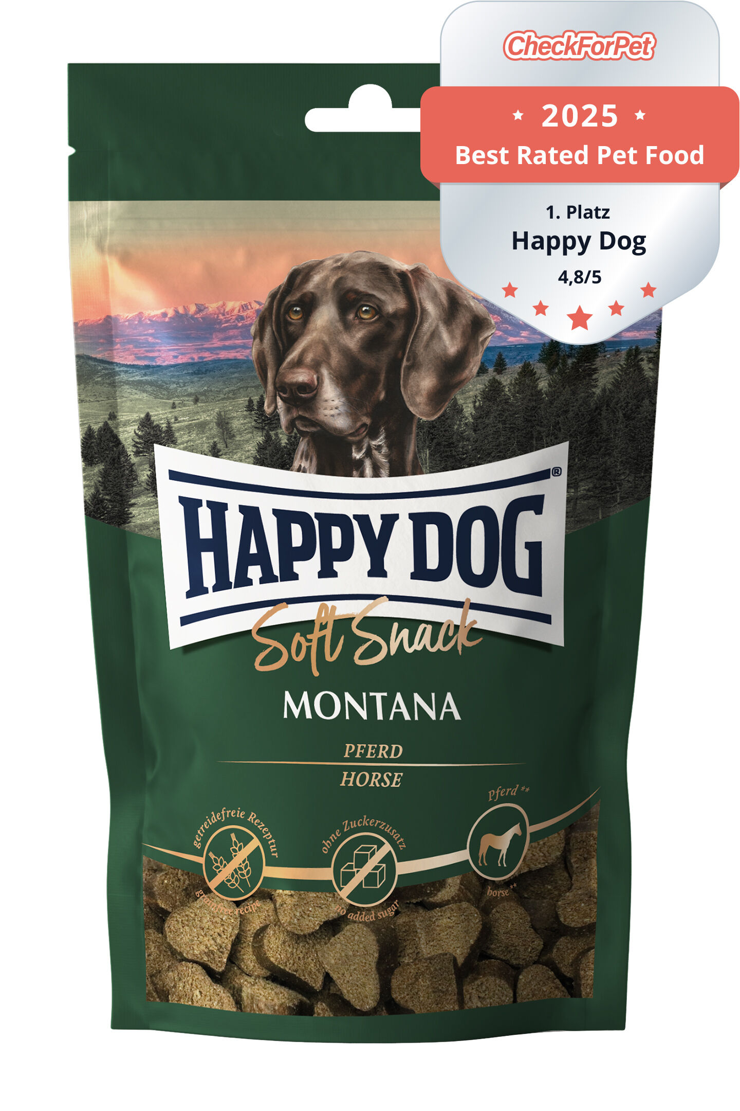 Verpackung mit Happydog-Logo zeigt Hundefutter „Soft Snack Montana“ mit Pferdefleisch. Beschriftung: „Made in Germany“, „Ohne Zusatz von Konservierungsstoffen“, „Getreidefreie Rezeptur“, „Ohne Zuckerzusatz“.