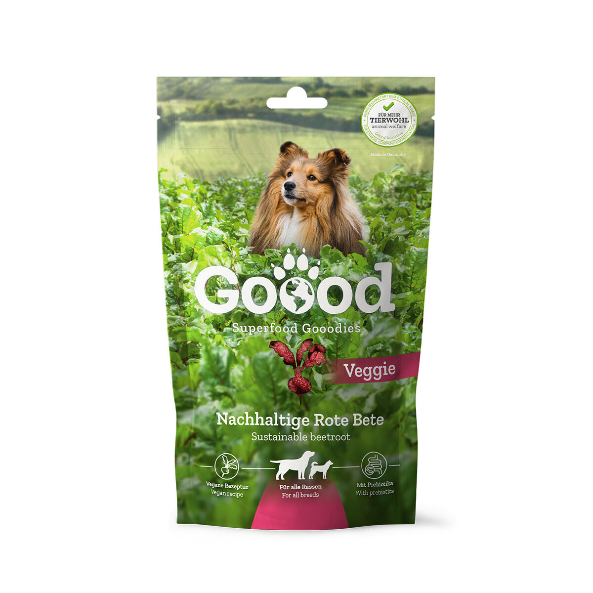 Training Gooodies - Nachhaltige Rote Bete Verpackung mit dem Bild eines Hundes in einem Beet mit Rote Bete. Text: "Goood Superfood Goodies, Veggie, Nachhaltige Rote Bete, Vegane Rezeptur, Für alle Rassen, Mit Präbiotika."