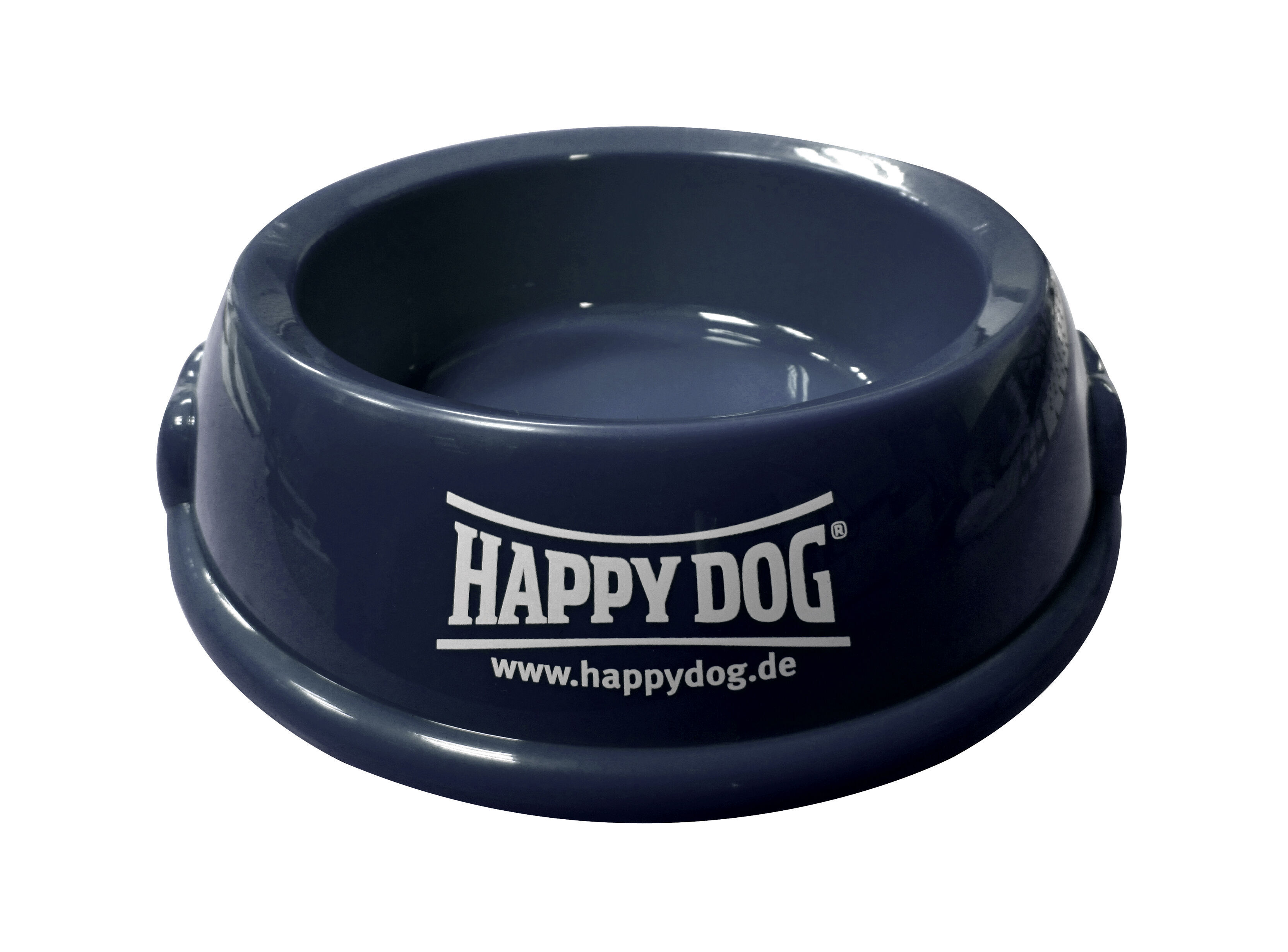 Blauer Futternapf mit "HAPPY DOG" Logo und Website-Adresse "www.happydog.de" in weißer Schrift.