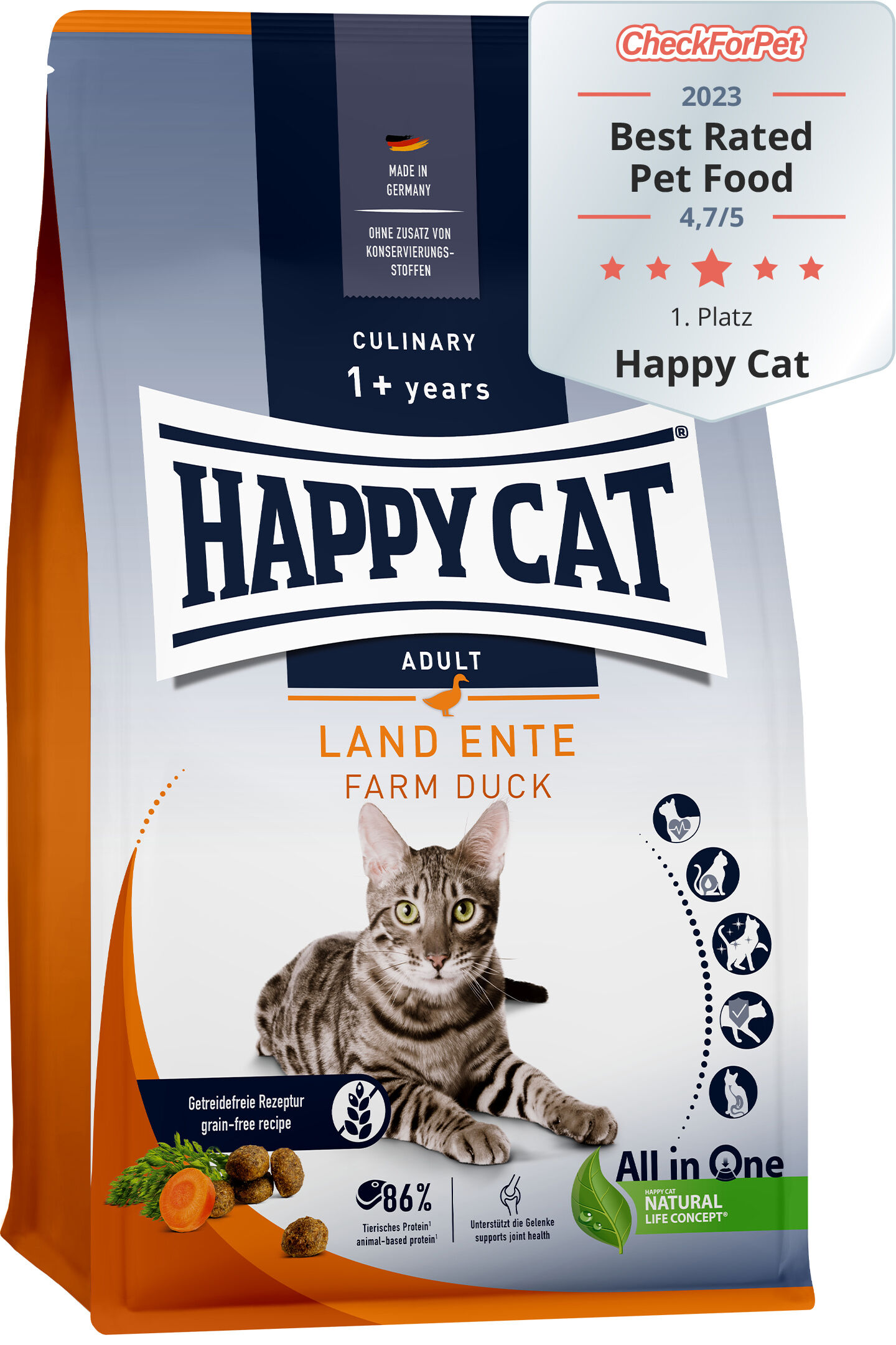 Futtermittel-Verpackung mit Katze, Marke Happy Cat, "Land Ente" für Erwachsene, ohne Getreide, "Made in Germany", enthält 86% tierisches Protein, ausgezeichnet als bestbewertetes Heimtierfutter 2023.