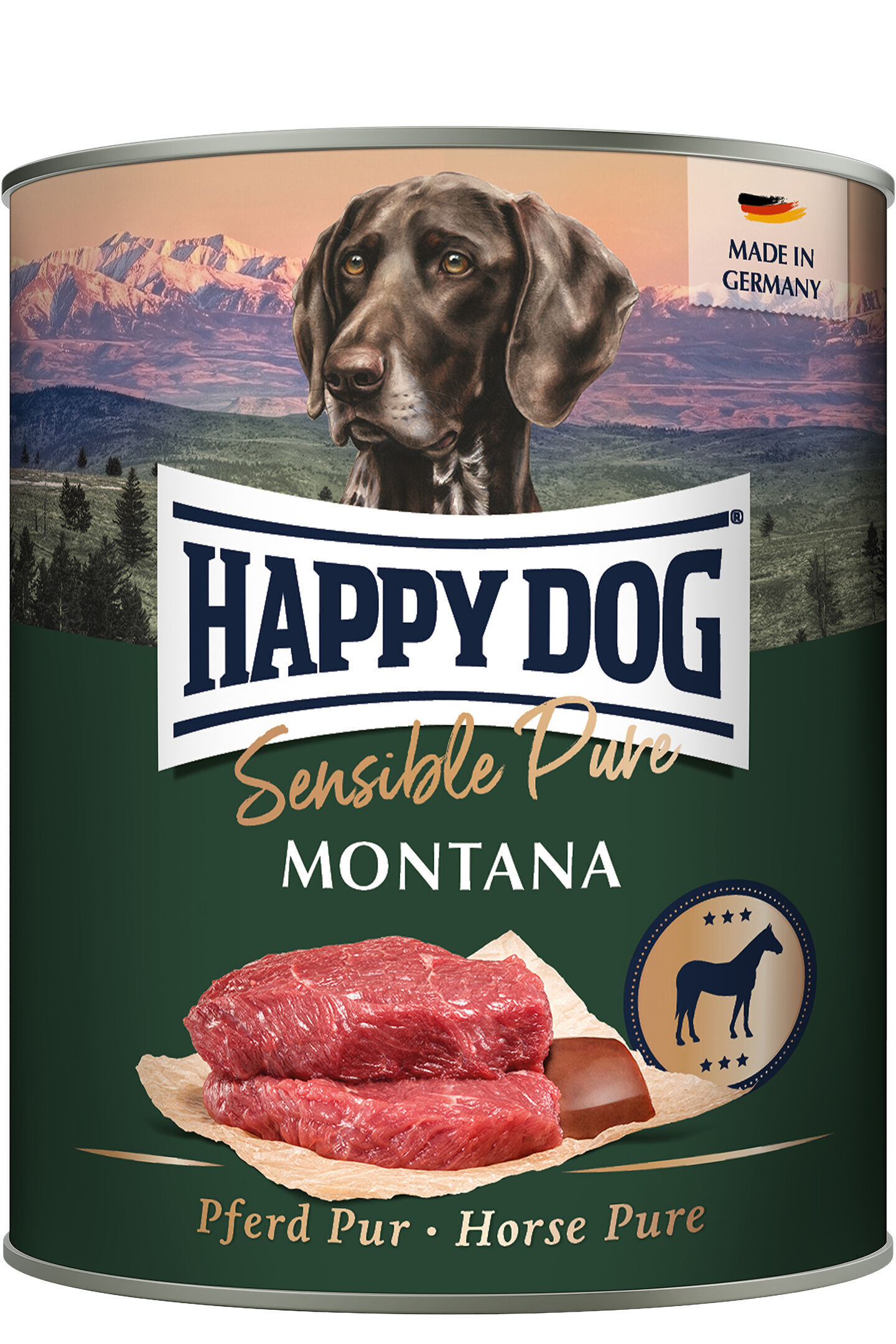 Hundefutterdose zeigt Hundebild vor Berglandschaft, Text: "HAPPY DOG Sensible Pure MONTANA, Pferd Pur - Horse Pure, MADE IN GERMANY". Enthält Abbildung von rohem Fleisch.