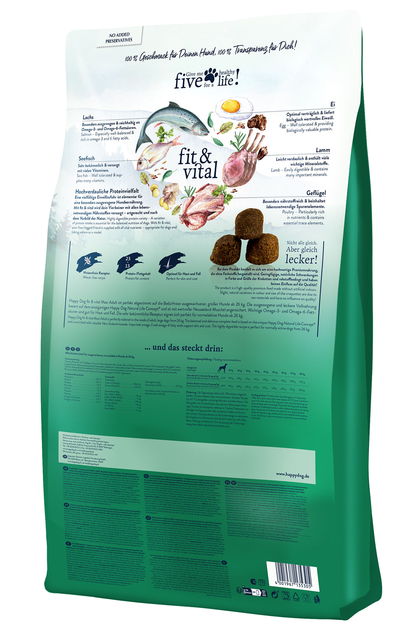 Verpackung von Happydog-Hundefutter mit detaillierten Informationen zu Zutaten, Nährstoffen und Fütterungsempfehlungen. Illustrationen von Fisch, Ei und Fleisch begleiten den Text.