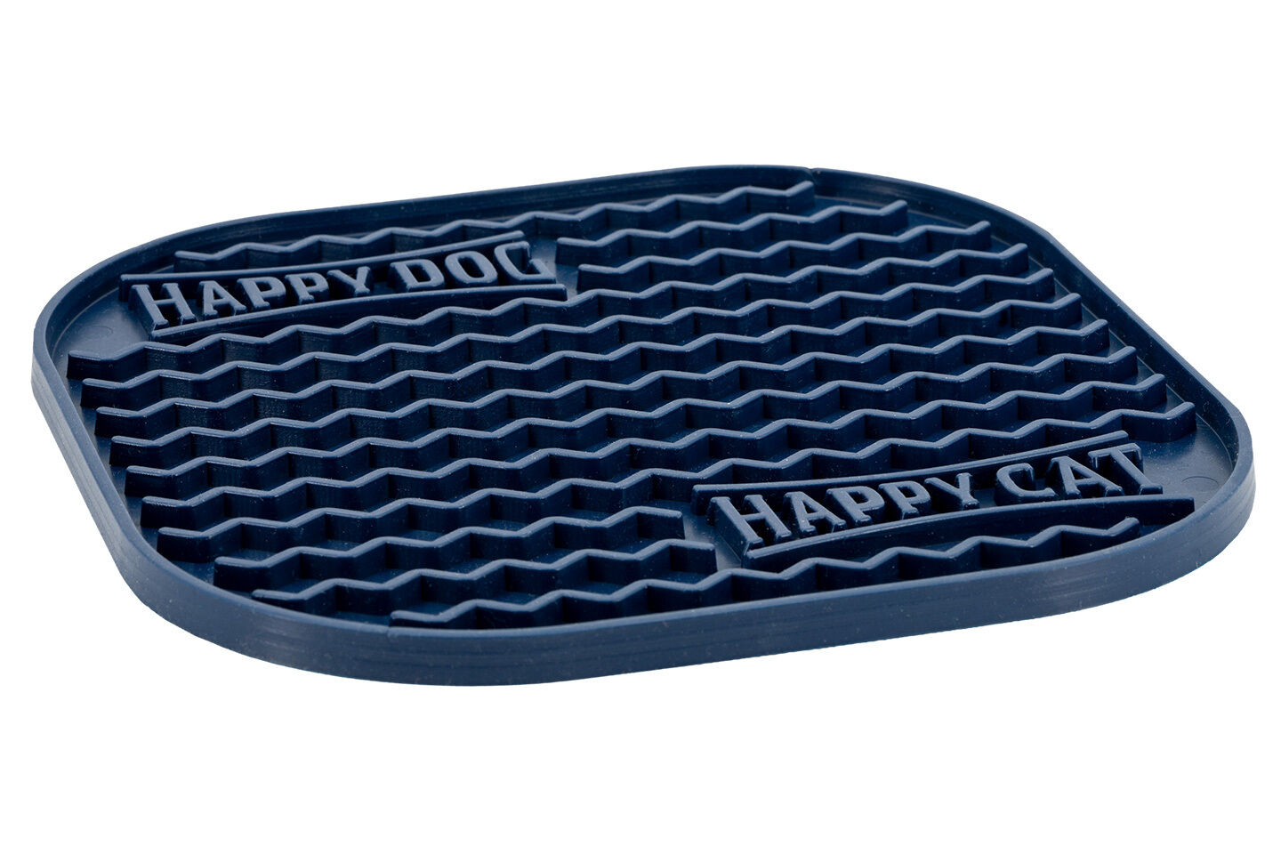Schleckmatte Quadratische, blaue Silikonmatte mit rutschfester Struktur. Aufschrift „HAPPY DOG“ und „HAPPY CAT“; dient als Futterunterlage für Haustiere, fördert langsamere Futteraufnahme.