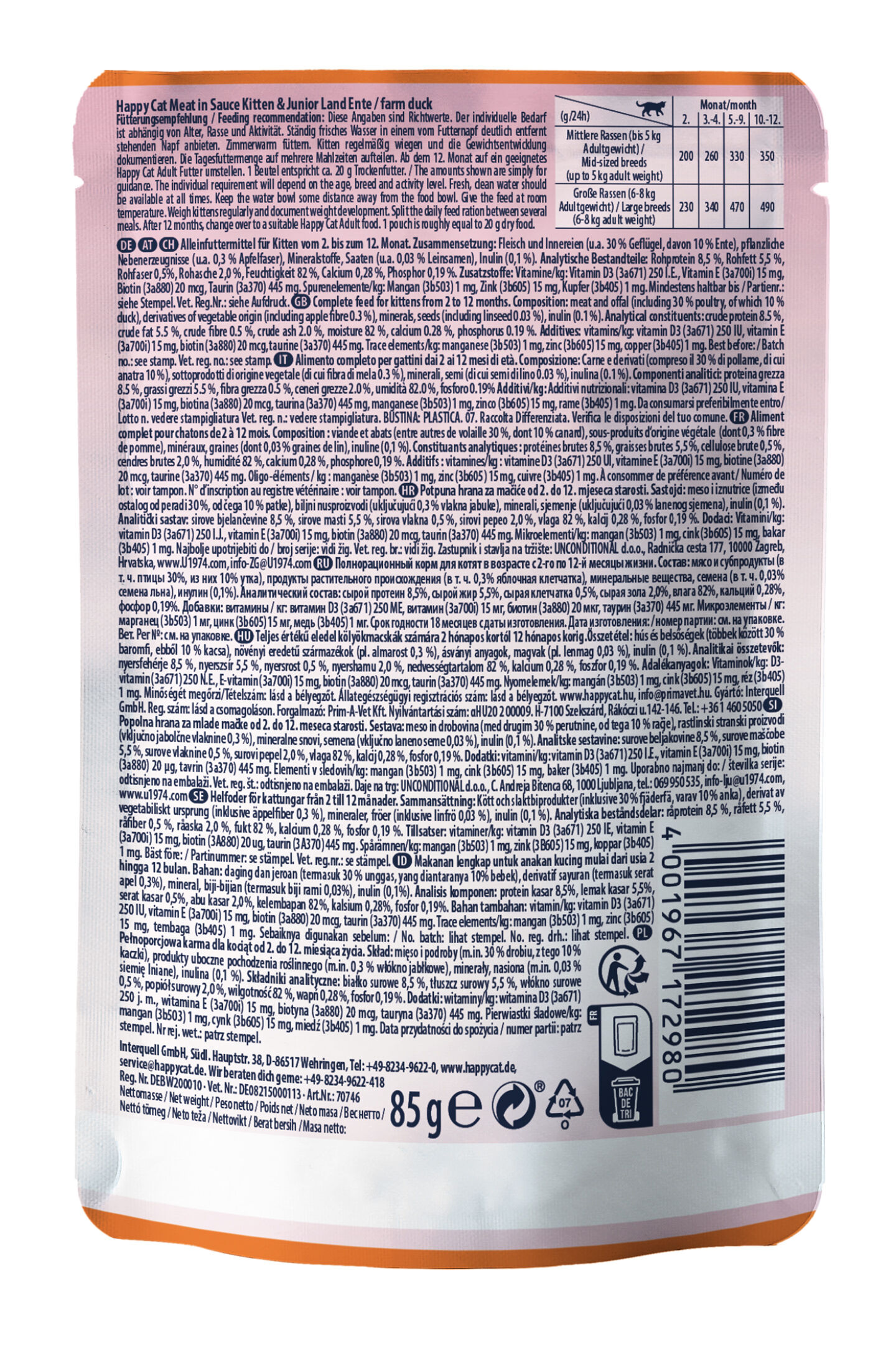 Verpackung mit detaillierten Informationen auf der Rückseite, einschließlich Fütterungsempfehlungen, Inhaltsstoffen und Herstellerangaben, 85 g, Marke: Happy Cat.