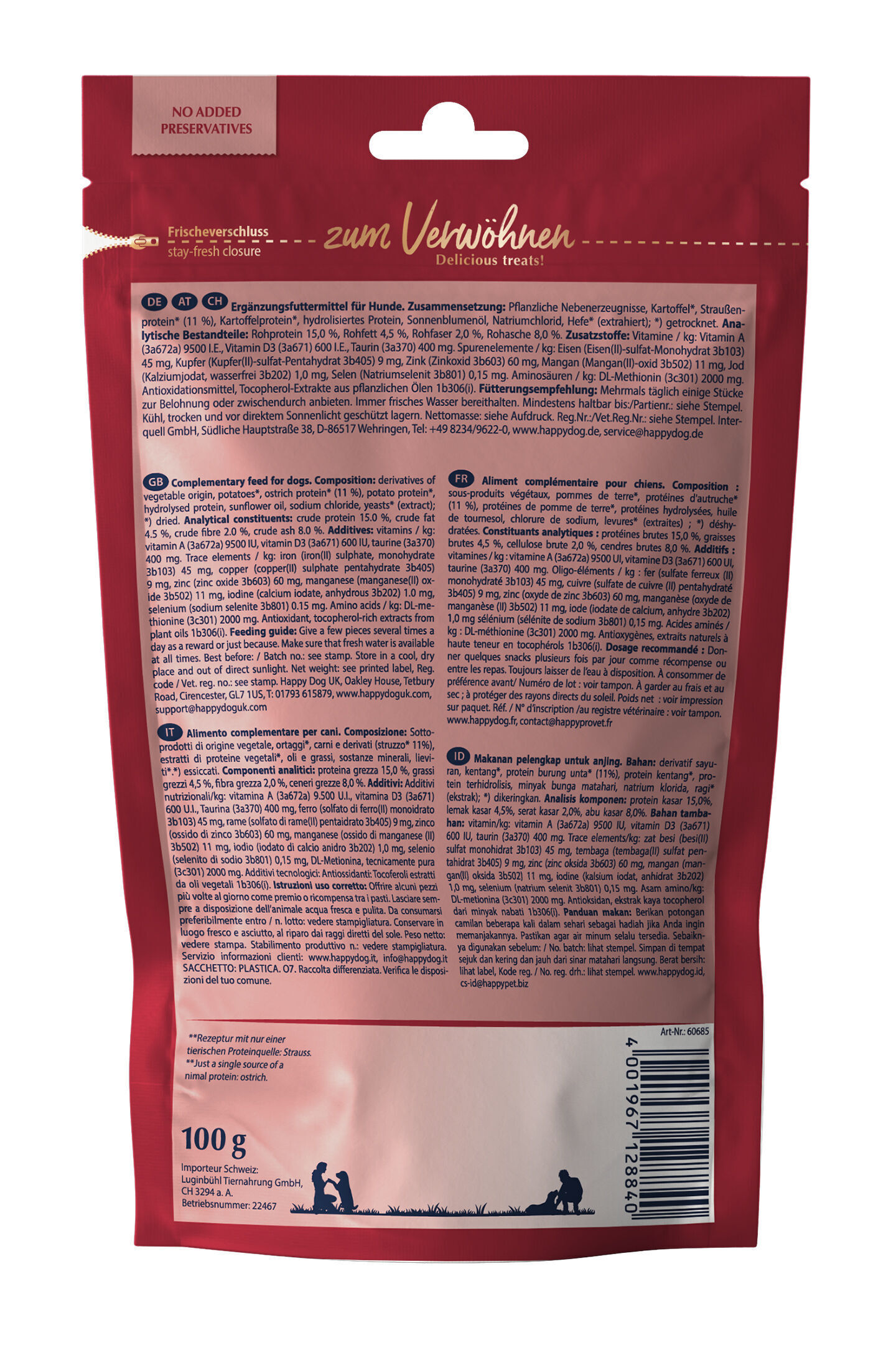 Rote Verpackung eines Ergänzungsfuttermittels für Hunde von Happydog. Enthält Informationen über Zusammensetzung, Zusatzstoffe, Fütterungsempfehlungen und Kontaktdaten. Nettogewicht: 100 g.