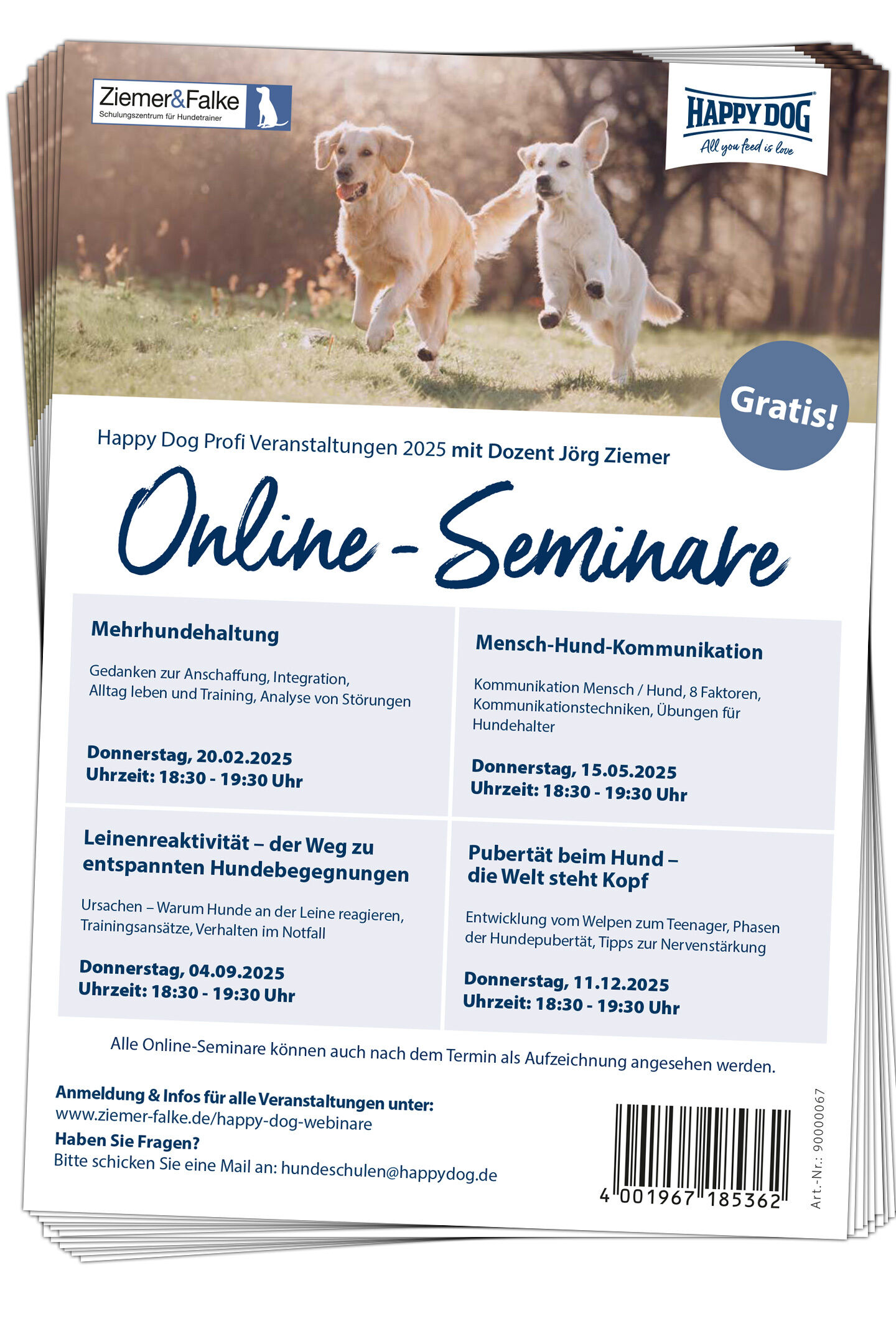 Zwei Hunde laufen auf einer Wiese. Text beschreibt Happy Dog Online-Seminare 2025 zu Hundehaltung und Kommunikation. Themen, Daten und Uhrzeiten der kostenlosen Webinare werden aufgeführt.