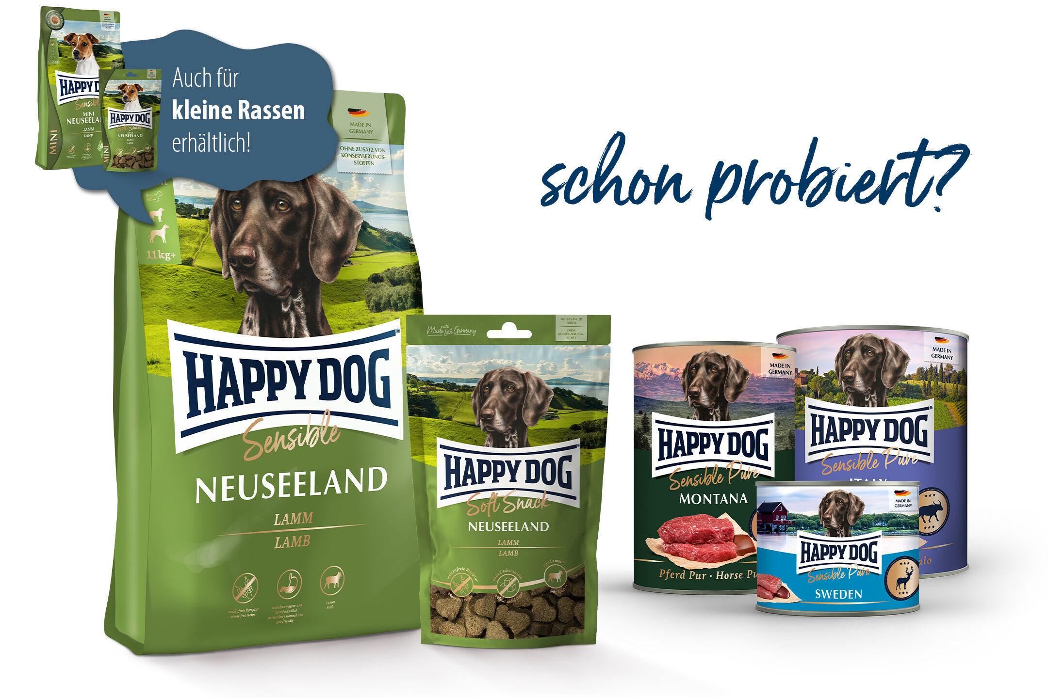 Hundetrockenfutter und Nassfutter von Happydog in verschiedenen Verpackungen. Text: „Schon probiert? Auch für kleine Rassen erhältlich!“