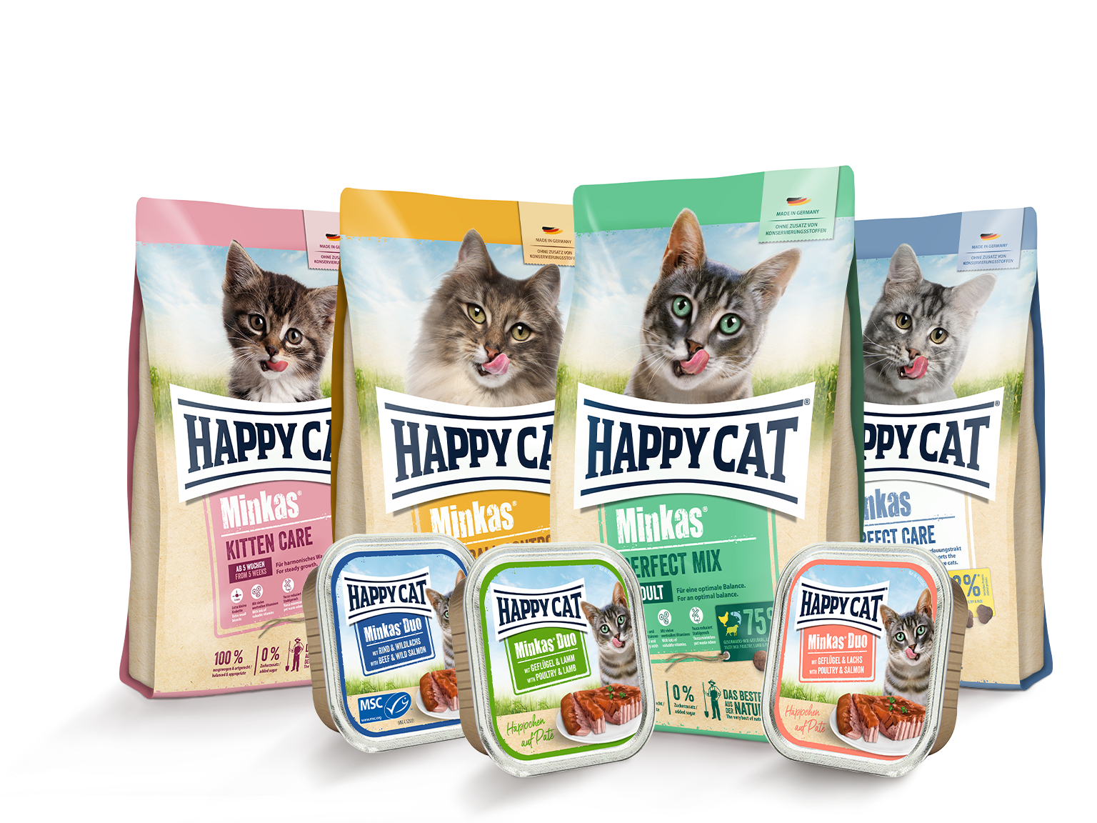 4 Happy Cat Minkas Trockenfutterpackungen und drei Nassfutterschälchen