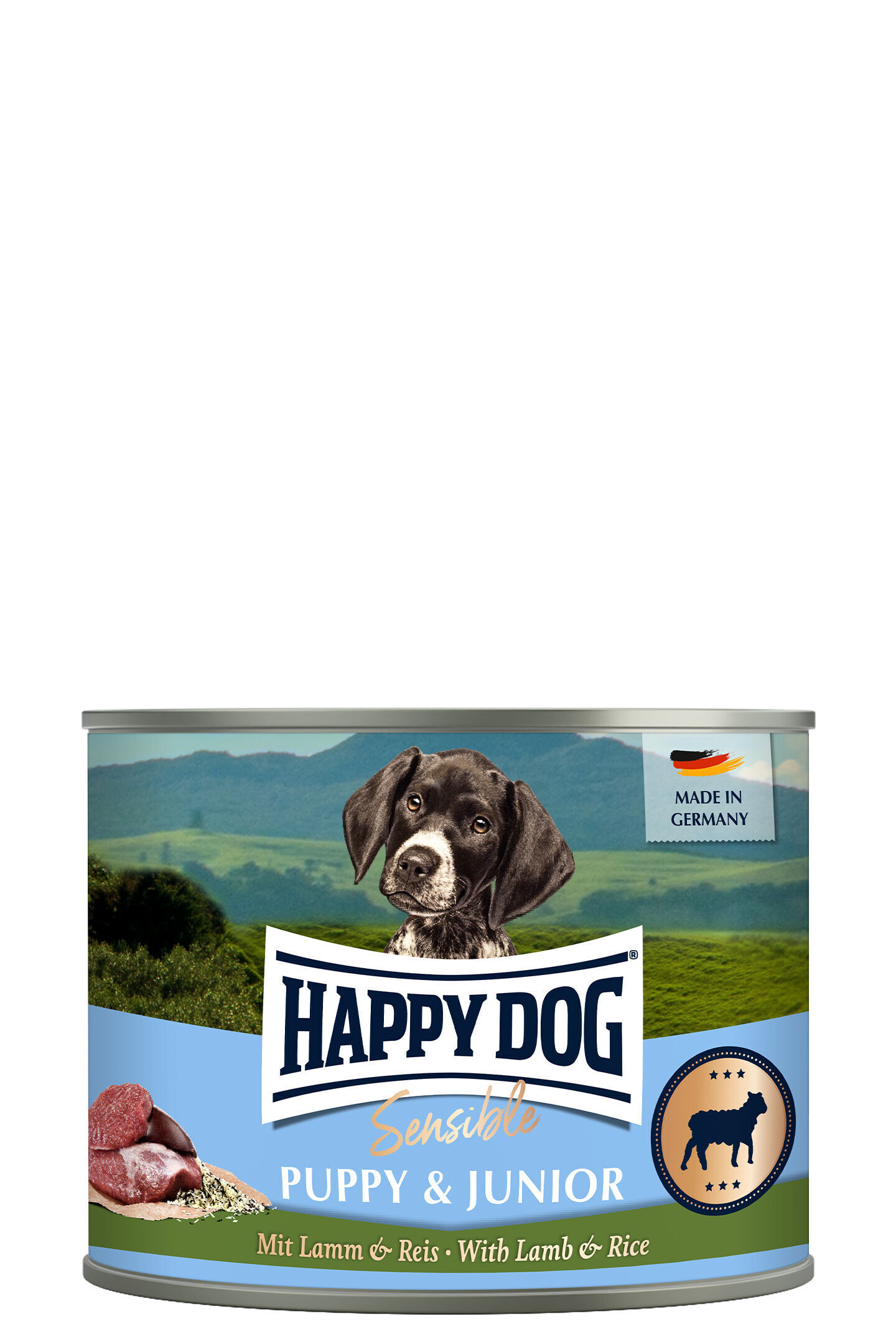 Sensible Puppy & Junior - Lamm & Reis Die Happy Dog Sensible Puppy & Junior Hundefutterdose zeigt einen schwarz-weißen Hund mit dem Text "Mit Lamm & Reis". Im Hintergrund sind grüne Hügel und ein blauer Himmel.
