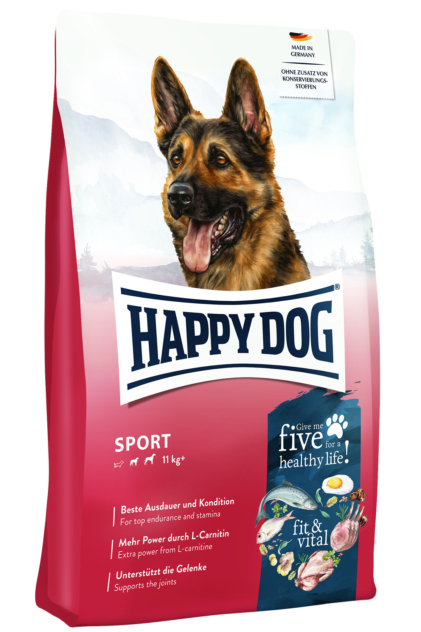 Futterpackung „Happy Dog Sport“ mit Schäferhundmotiv; 11 kg, fördert Ausdauer, L-Carnitin für Energie, Gelenkunterstützung; „Made in Germany“, ohne Konservierungsmittel.