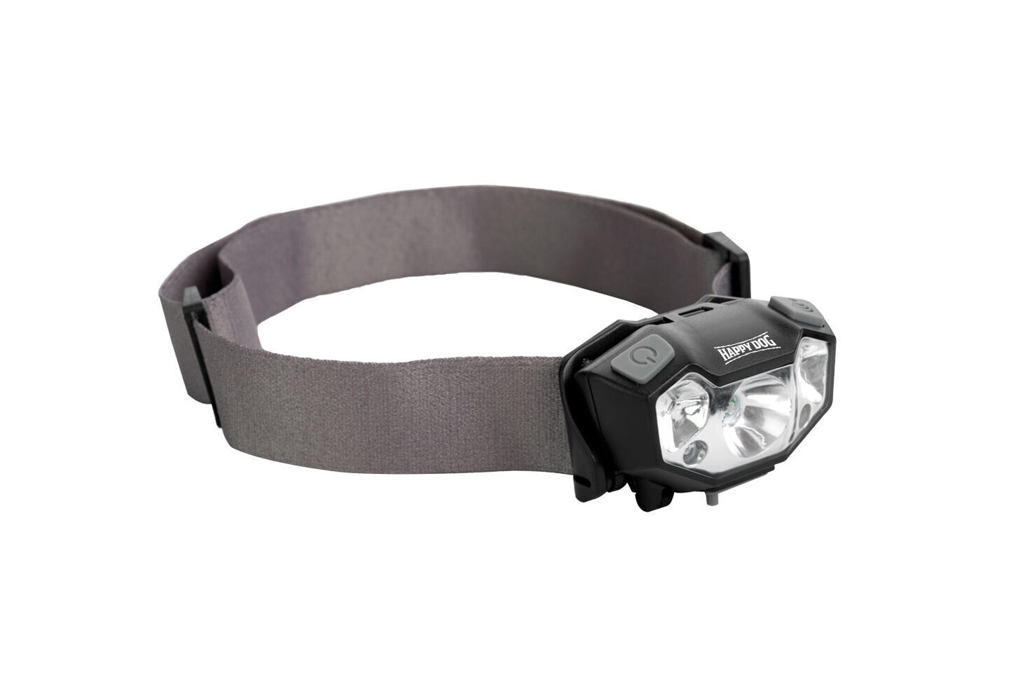 Stirnlampe Stirnlampe - Ruhig - Ein graues, elastisches Stirnband trägt eine schwarze Lampe mit „Happydog“-Logo in der Mitte.