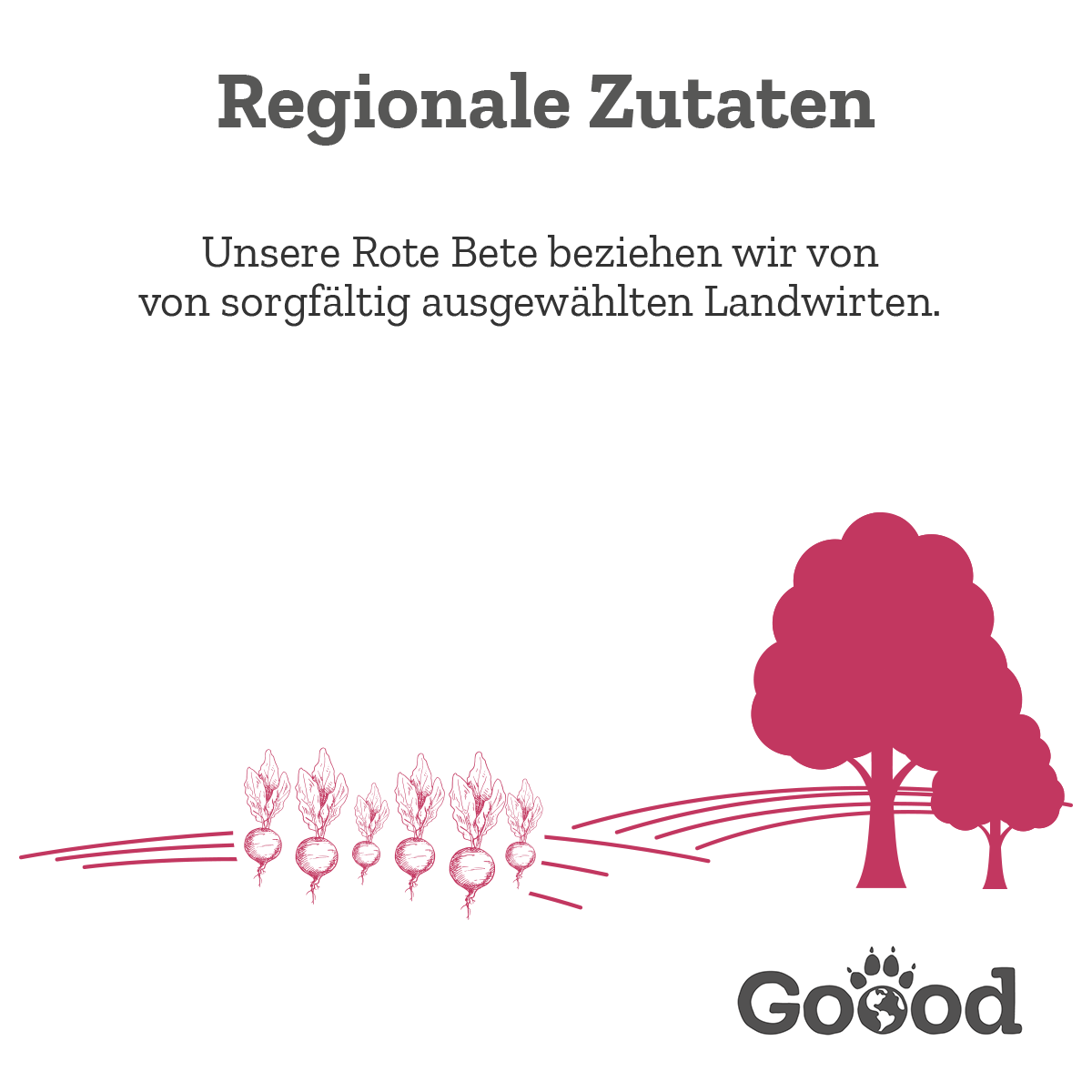 Text: „Regionale Zutaten. Unsere Rote Bete beziehen wir von Landwirten aus der Region im Umkreis von max. 100 km um Augsburg.“ Illustration: Rote Bete und Bäume. Markenname: Goood.