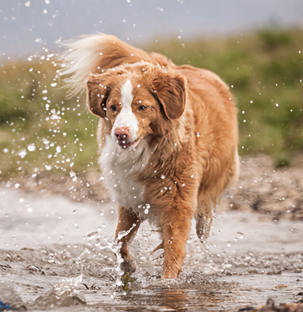 Ein Mischlingshund läuft durchs Wasser