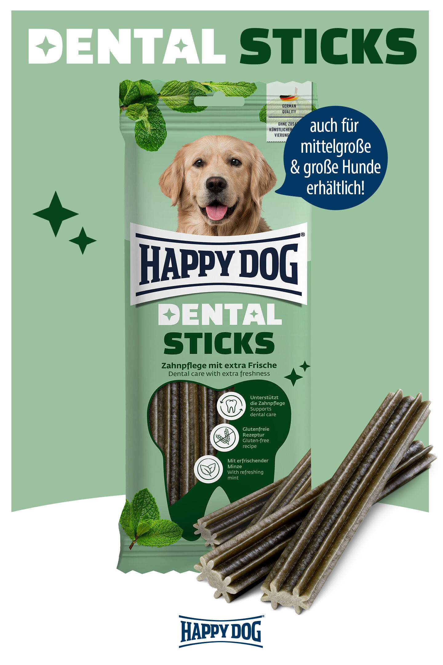 Präsentation der Variante der Dental Sticks Kaustangen von Happy Dog mit Zahnpflegeeffekt für mittelgroße und große Hunde