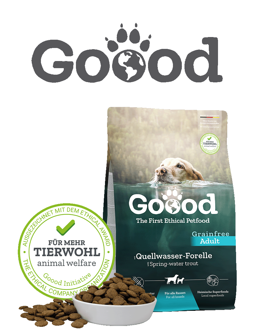 Futtersack von Goood steht hinter einem Napf mit Hundefutter. Das Siegel für mehr Tierwohl wird auch abgebildet.