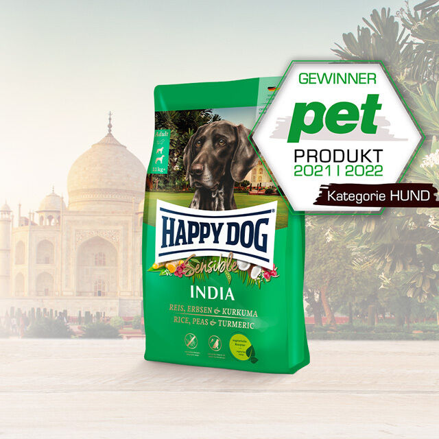 Packung Happy Dog Trockenfutter abgebildet mit einer Auszeichnung.
