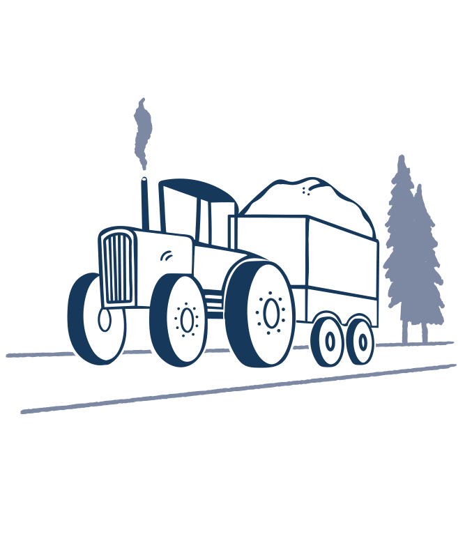 Icon eines Traktors, welcher einen Hänger mit Getreide zieht.