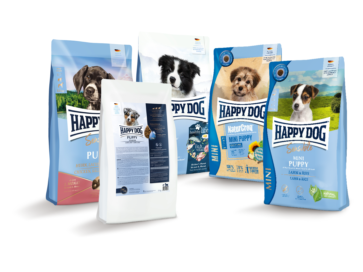 Fünf "Happydog"-Hundefutterpackungen stehen nebeneinander. Jede Packung zeigt ein Hundefoto und spezifische Produktinformationen. Die Designs variieren in Farbe und Bilddetails.