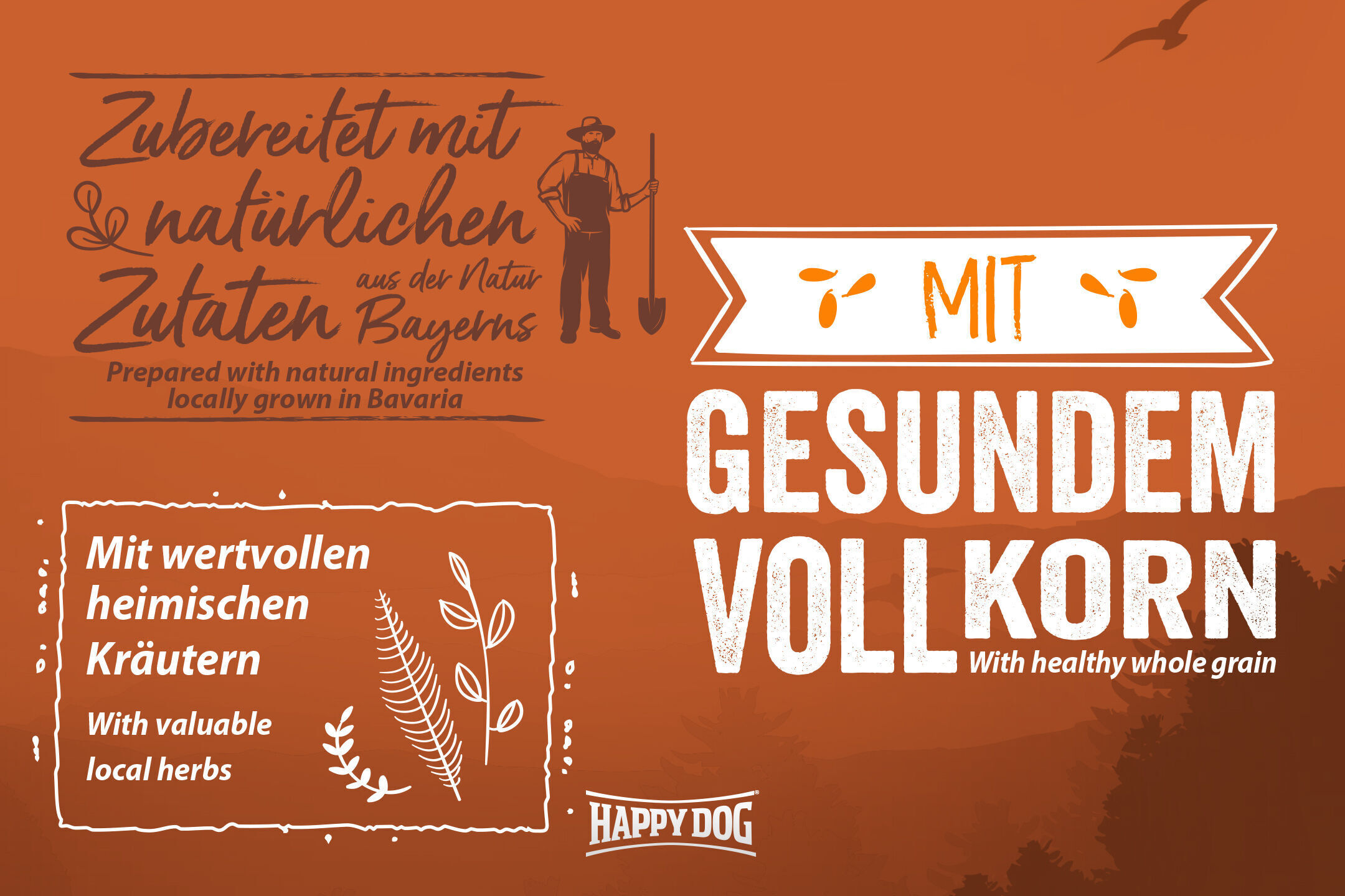 Ein Werbebild zeigt Text: "Zubereitet mit natürlichen Zutaten aus der Natur Bayerns", "Mit gesundem Vollkorn", "Mit wertvollen heimischen Kräutern" und das Logo "Happydog".