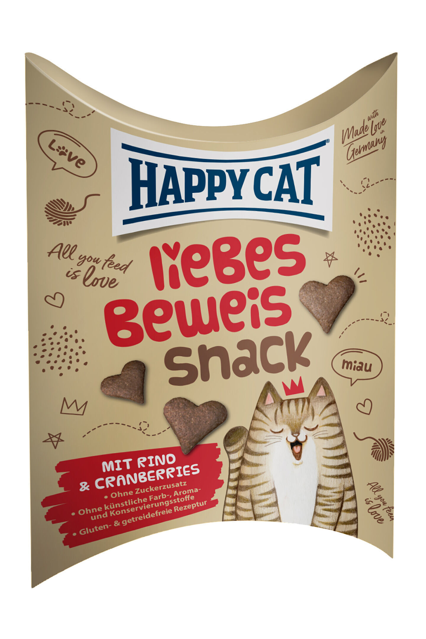Liebesbeweis Snack Verpackung von "Happy Cat Liebesbeweis Snack" mit Herzmotiven, Katze und Text: "Mit Rind & Cranberries, ohne Zuckerzusatz, ohne künstliche Farb-, Aroma- und Konservierungsstoffe, gluten- & getreidefreie Rezeptur."