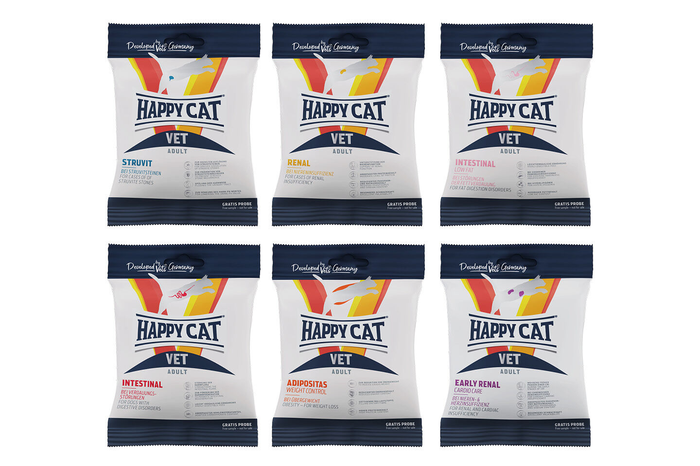 Sechs Katzenfutterverpackungen mit der Aufschrift „HAPPY CAT VET ADULT“. Varianten: Struvit, Renal, Intestinal, Adipositas, Early Renal. „Developed Vet Germany“ oben. „Gratis Probe“ unten.