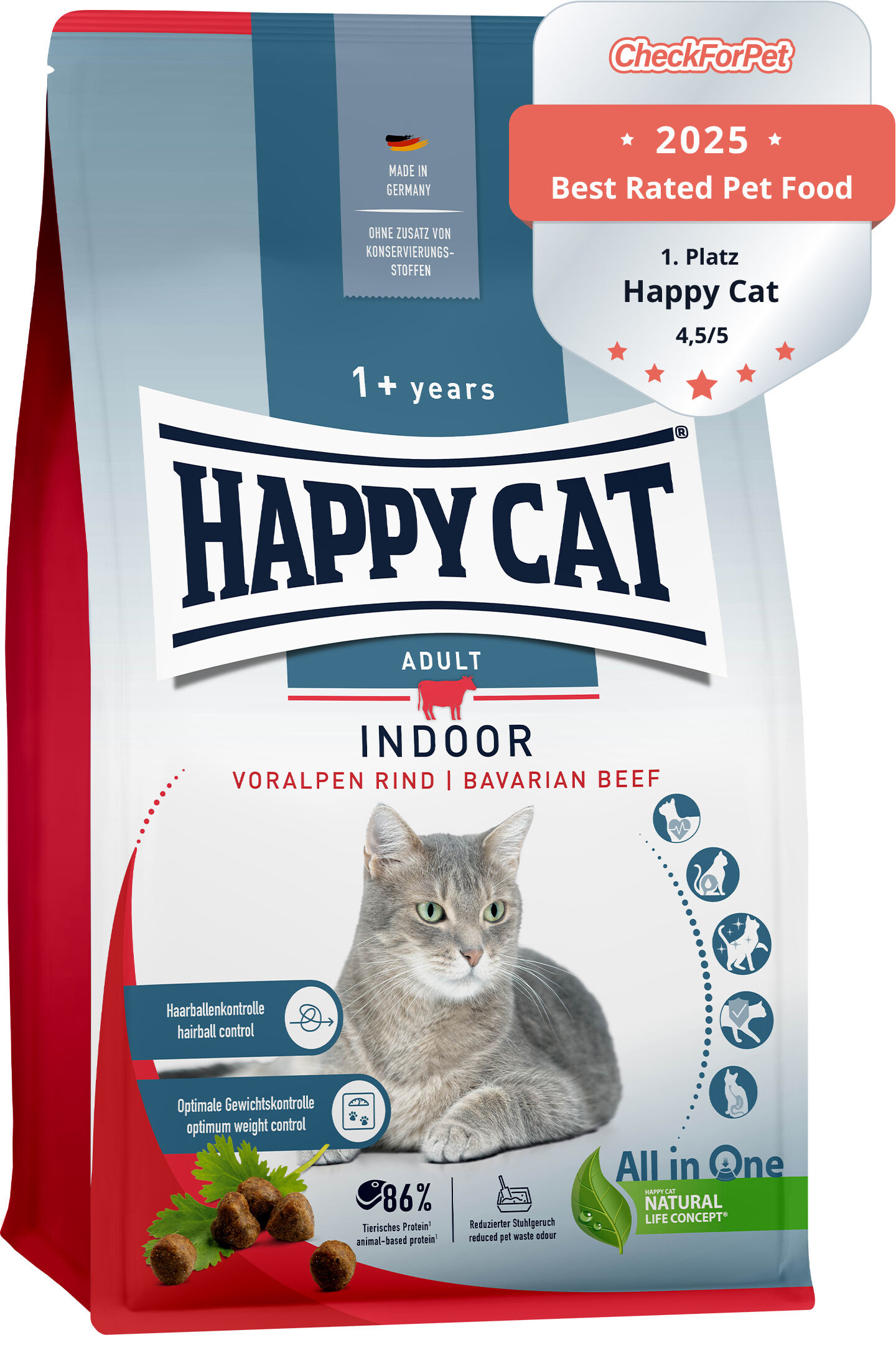 Verpackung von Katzenfutter „Happy Cat Indoor Adult“ mit Voralpen Rind, für Katzen ab einem Jahr. Hervorgehoben: Haarballen- und Gewichtskontrolle. Prüfsiegel „Best Rated Pet Food 2023“.