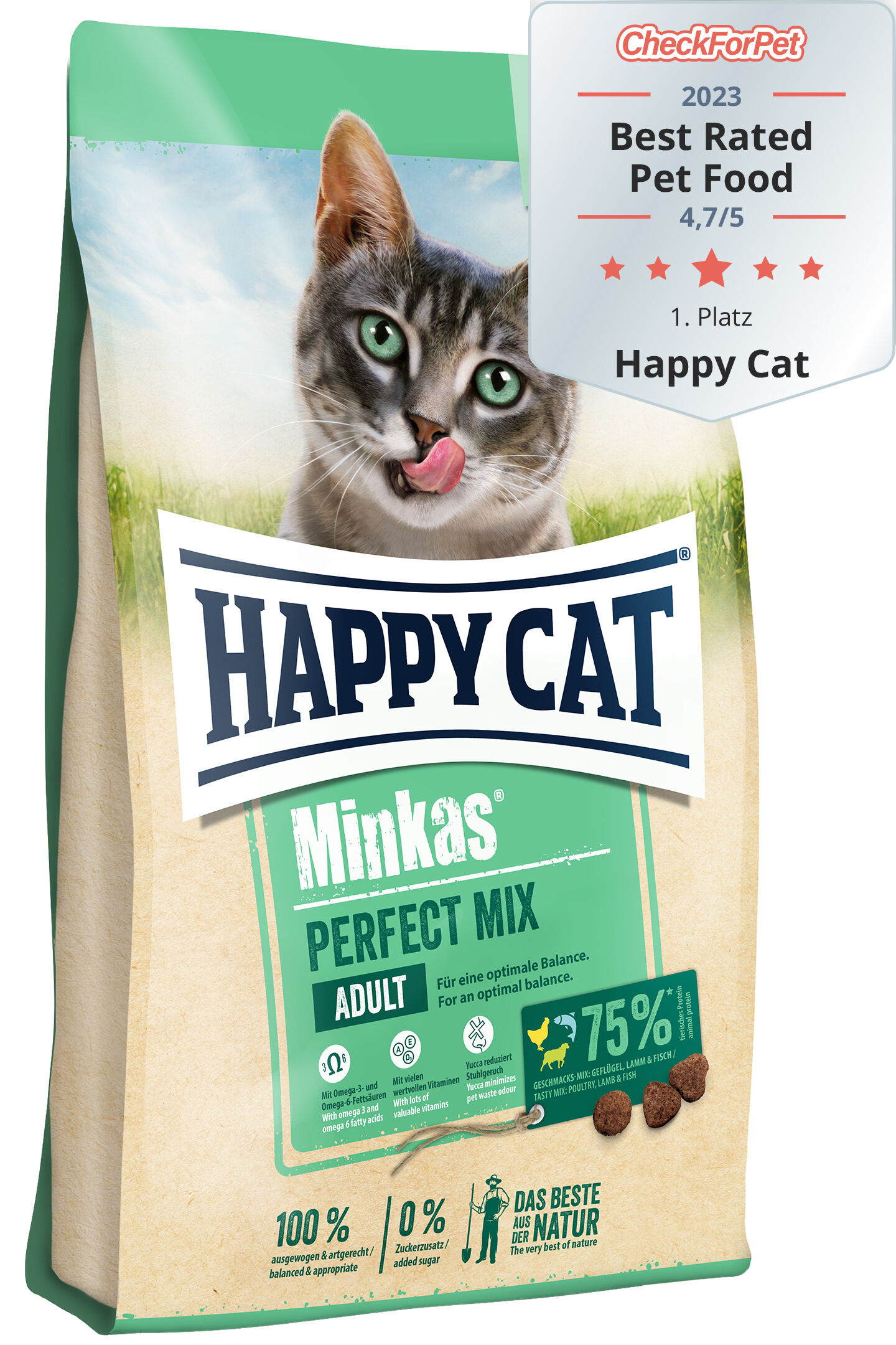 Eine Packung Katzenfutter der Marke Happy Cat mit einer abgebildeten Katze, Texten wie „Best Rated Pet Food 2023“ und „Minkas Perfect Mix Adult“, und Nährstoffhinweisen.