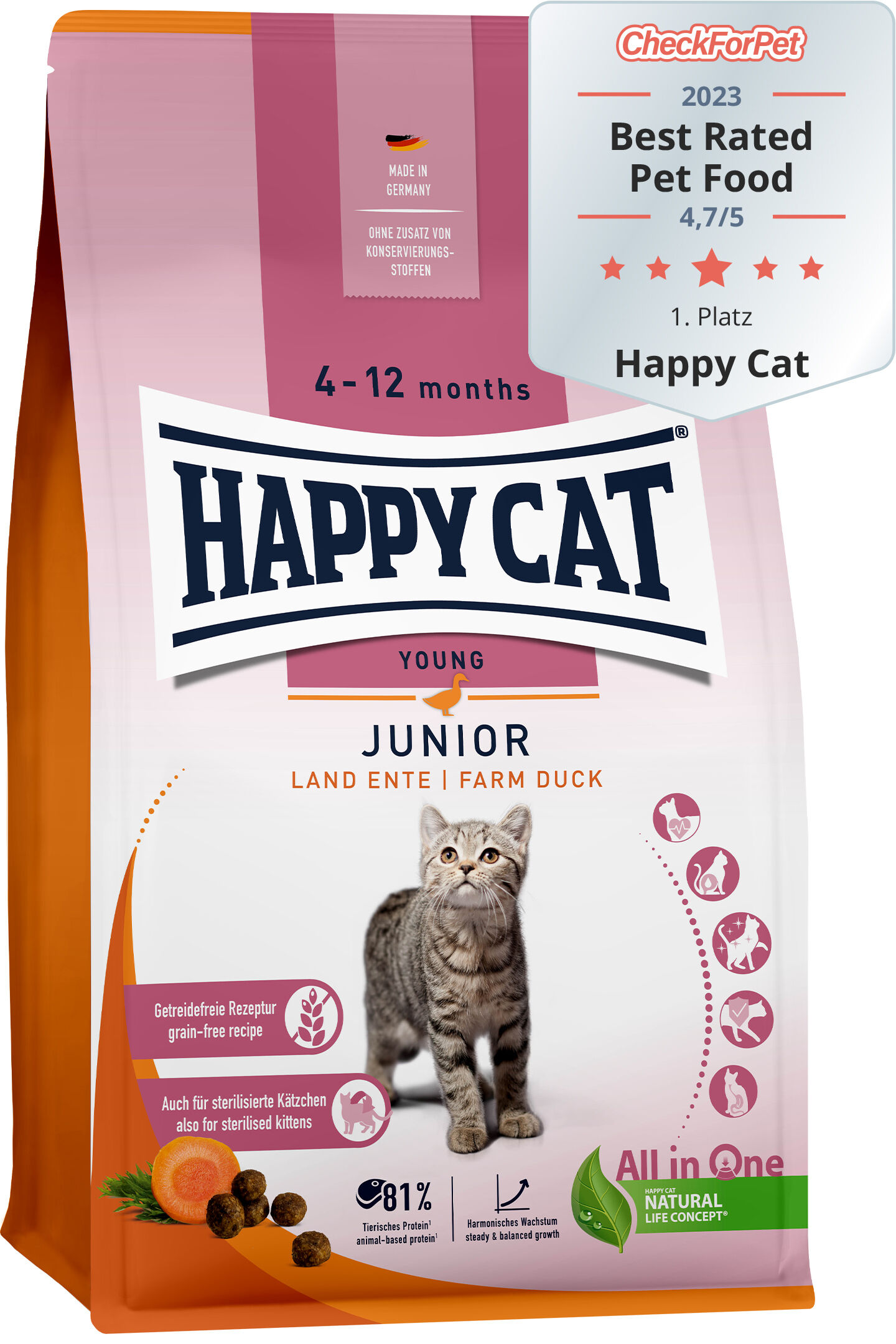 Eine Packung „Happy Cat Junior“ Katzenfutter mit Entengeschmack ist abgebildet. Textdetails: „Made in Germany“, „Grain-free recipe“, „Best Rated Pet Food 2023, 1. Platz“.
