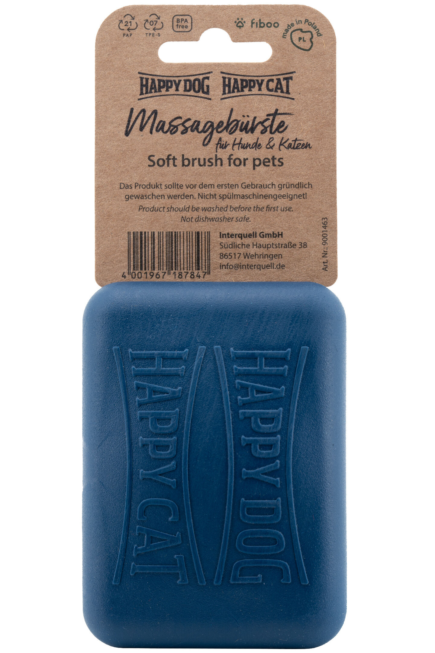 Blaue Massagebürste für Haustiere mit brauner Verpackung, gekennzeichnet als "Happy Dog Happy Cat". Text: "Massagebürste für Hunde & Katzen", "Soft brush for pets", Verwendungshinweise und Kontaktinformationen.