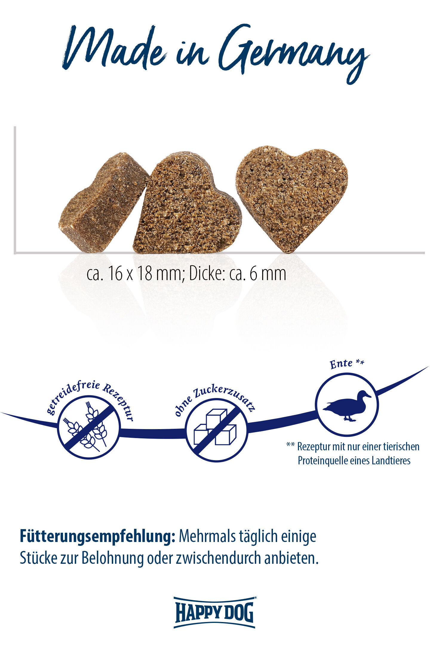 Herzförmige, getreidefreie Hundesnacks mit Entenprotein, ohne Zuckerzusatz. Maße: ca. 16 x 18 mm, Dicke 6 mm. Text: „Made in Germany“, „Happydog“. Fütterungsempfehlung: Mehrmals täglich.