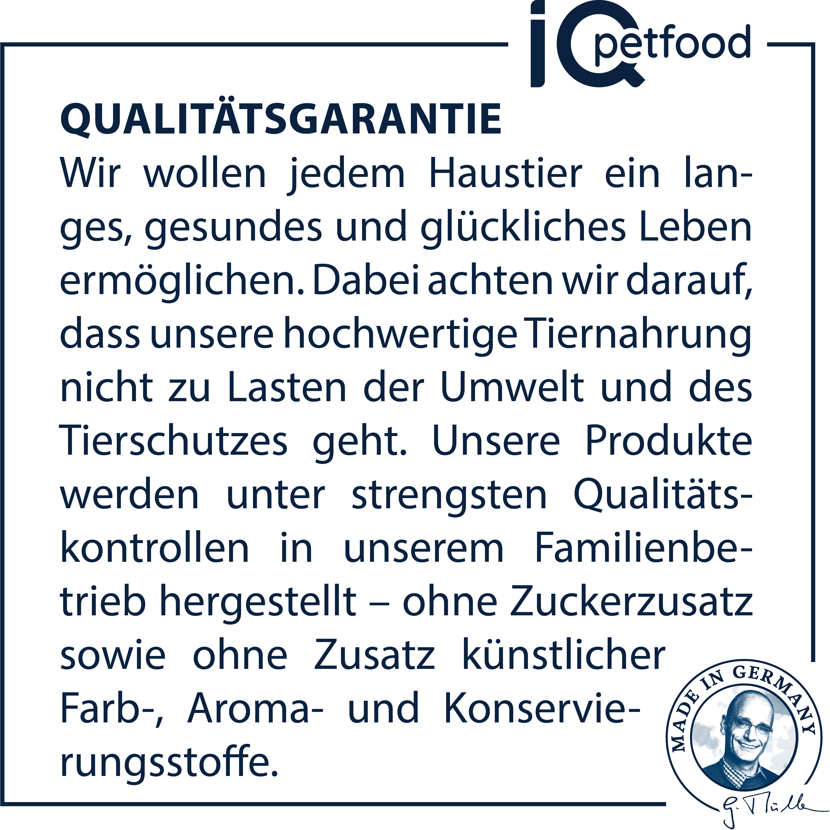 Die Qualitätsgarantie der iQ petfood wird dargestellt.