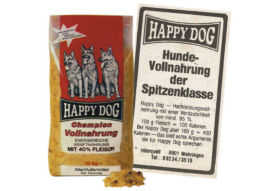 Erstes Hundefutter der Marke Happy Dog aus dem Jahr 1970.