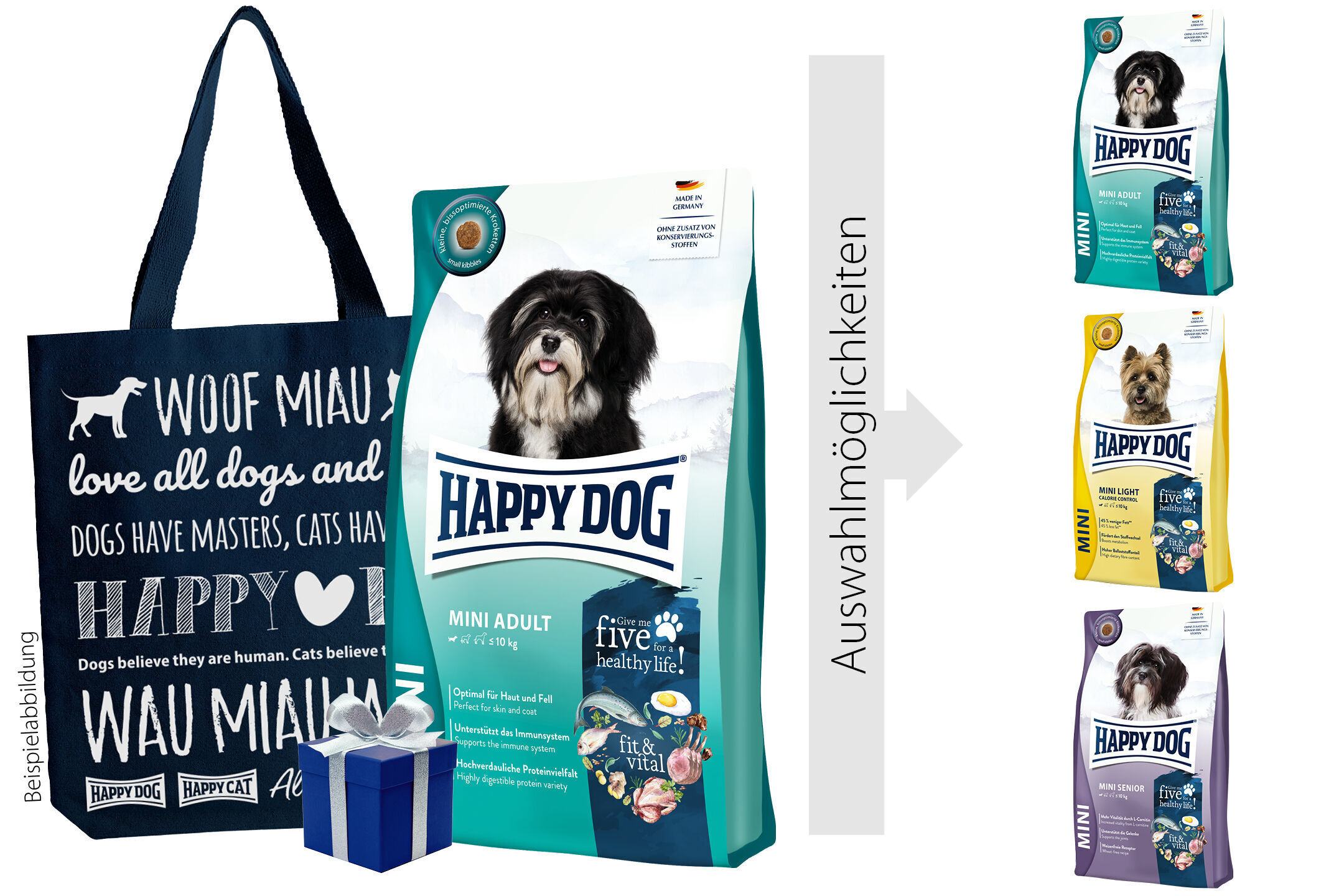 Hundetrockenfutter von Happydog in verschiedenen Varianten. Verpackungen mit Hundeabbildungen, verschiedenen Farbschemata und Text zu ernährungsfördernden Eigenschaften. Zusätzlich eine bedruckte Einkaufstasche.