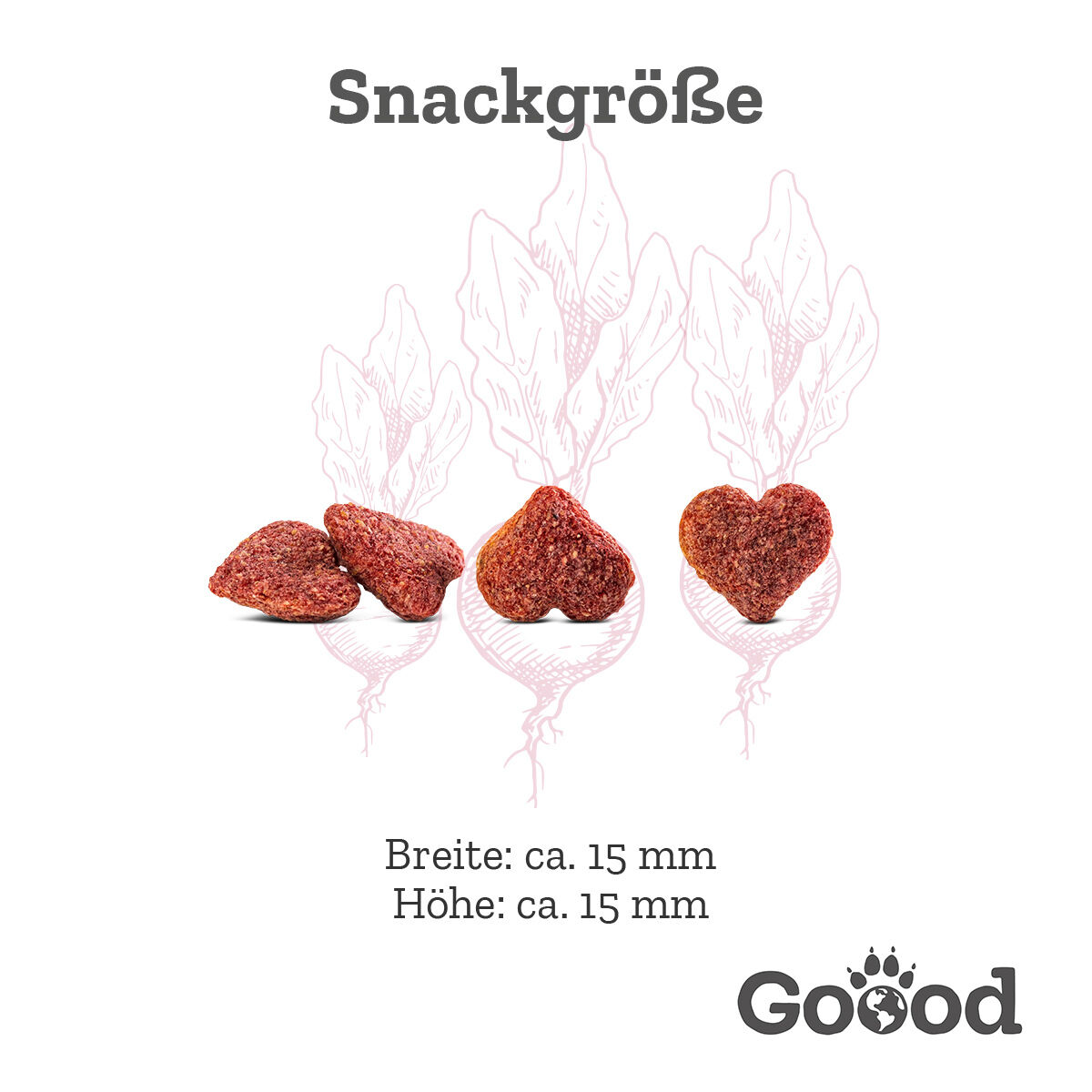 Herzförmige Snacks vor skizzierten Pflanzen, als "Snackgröße" gekennzeichnet. Text: "Breite: ca. 15 mm, Höhe: ca. 15 mm" und die Marke Goood.