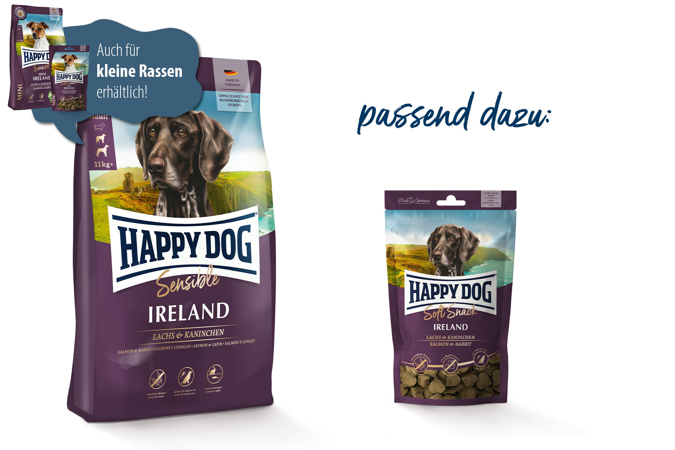 Zwei Verpackungen von Happydog, Sensible und Soft Snack, zeigen einen Hund vor irischer Landschaft. Text: "Auch für kleine Rassen erhältlich," "Lachs & Kaninchen," "Made in Germany."
