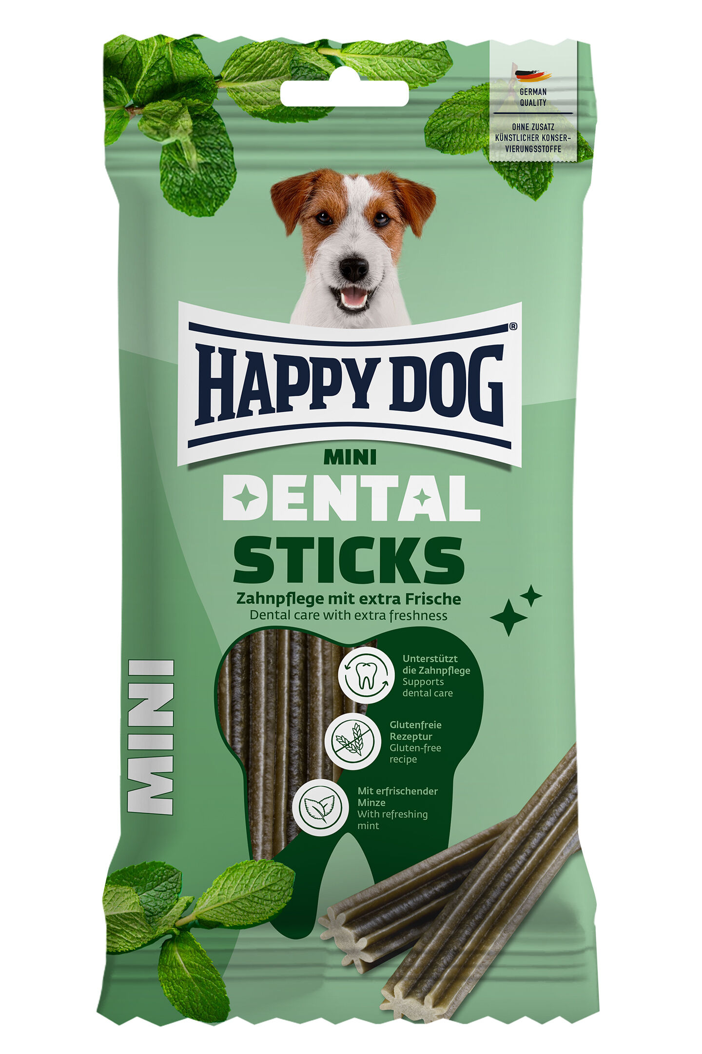 Verpackungsvorderseite der Dental Sticks Kaustangen von Happy Dog mit Zahnpflegeeffekt für Hunde