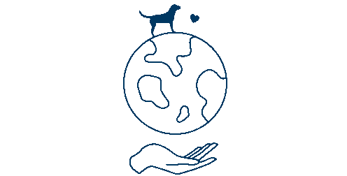 Icon einer Weltkugel, welcher auf einer Hand getragen wird. Auf der Kugel steht ein Hund neben einem blinkenden Herzens.