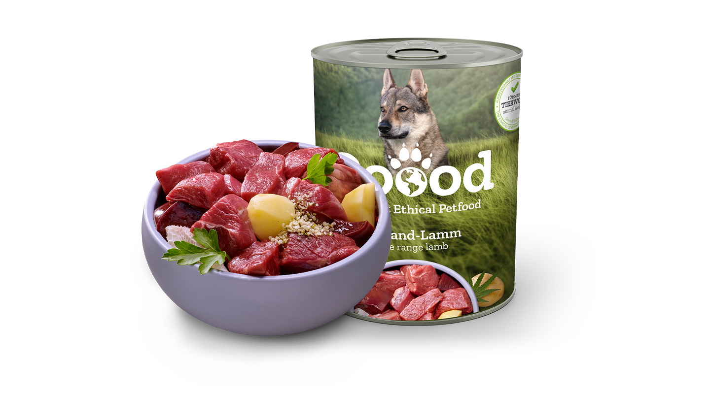 Eine Nassfutter Dose in der Sorte Lamme der Marke Goood steht hinter einem Hundenapf befüllt mit Fleisch und Gemüse.