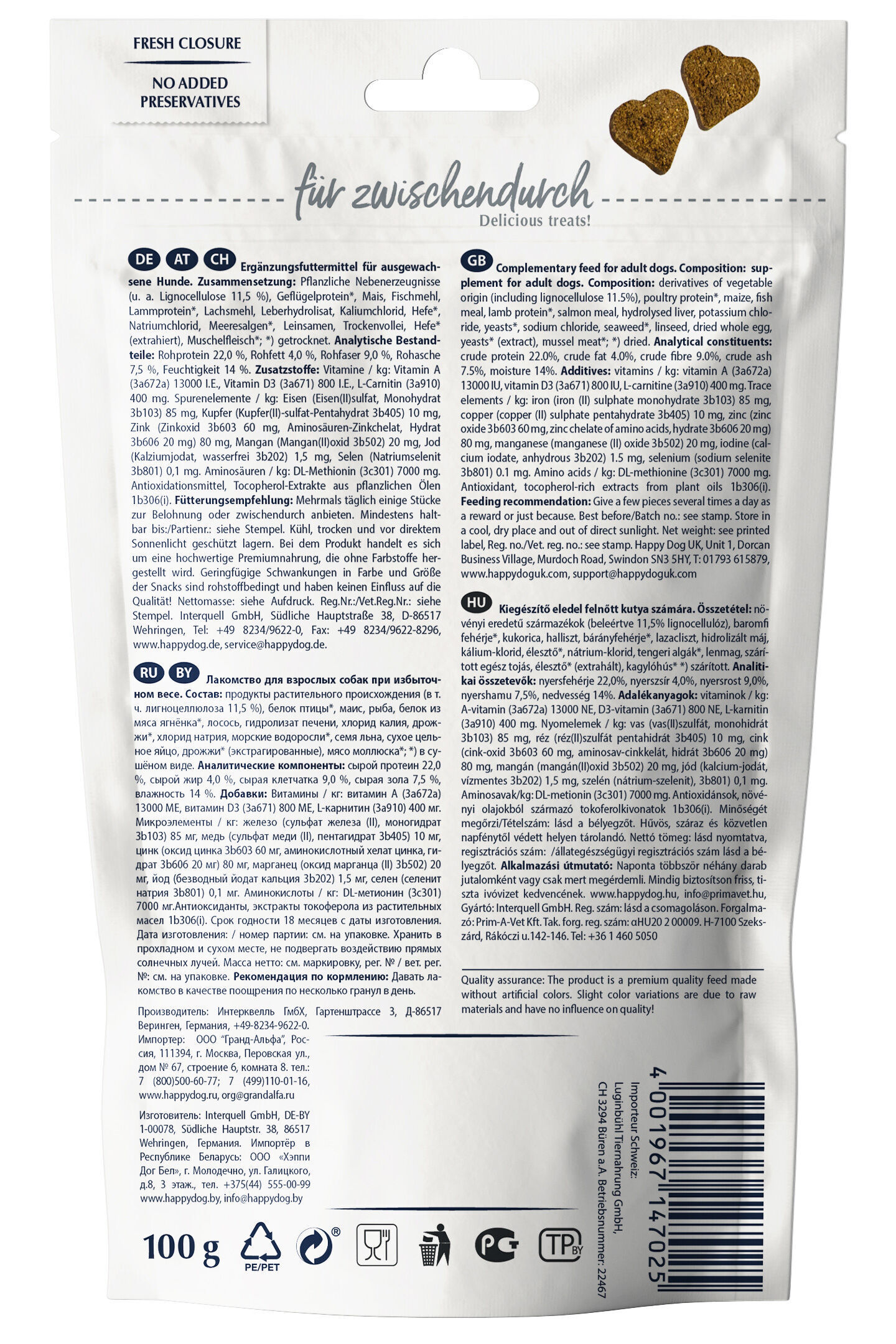 Verpackung von Hundesnacks, herzförmige Leckerli, beschriftet in mehreren Sprachen, inklusive Markenname Happydog. Enthält Informationen zu Zusammensetzung, Anwendung und Herstellerangaben.