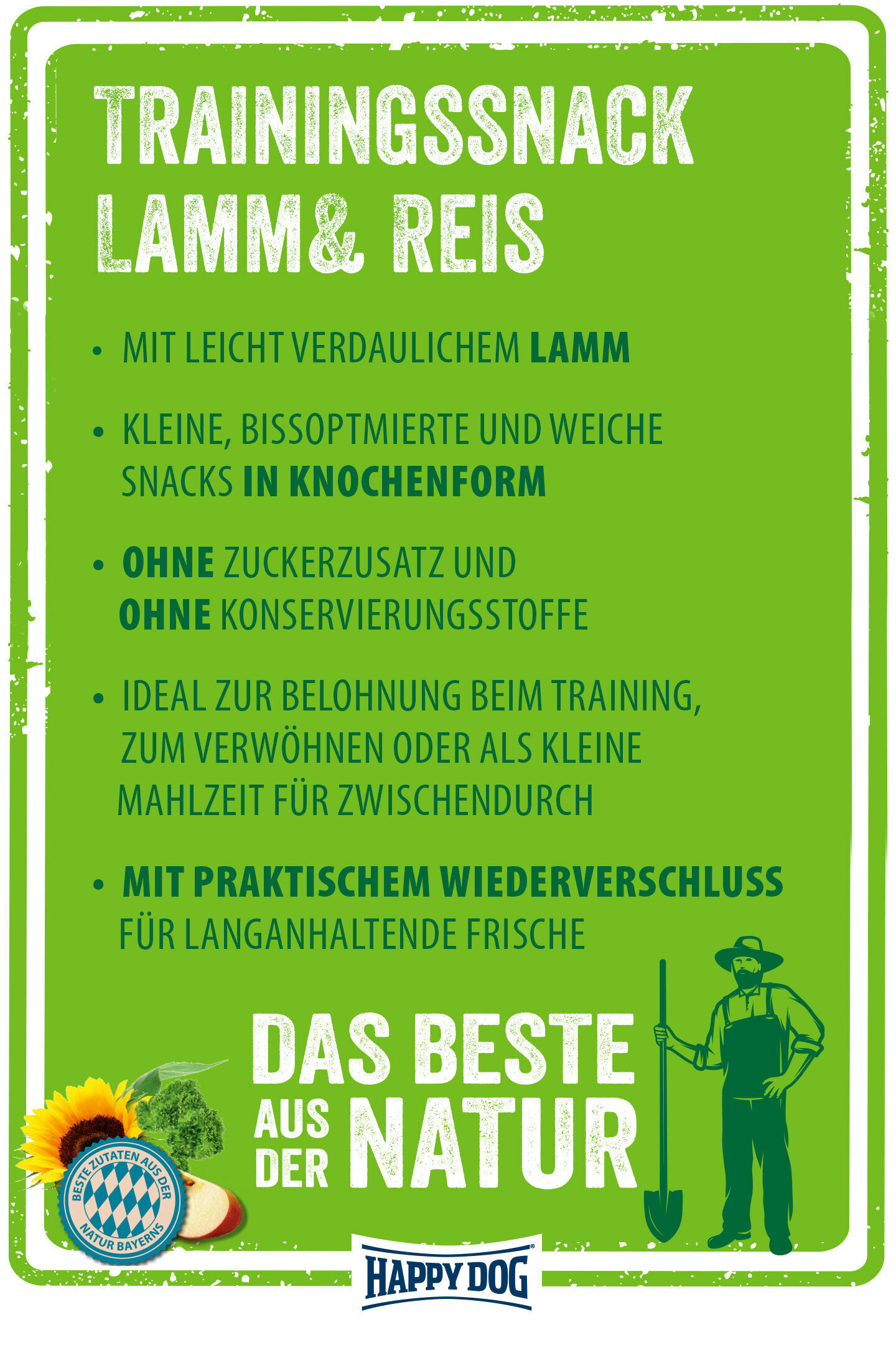 Grüne Verpackung mit Text: "TRAININGSSNACK LAMM & REIS. Mit leicht verdaulichem Lamm. Keine Zuckerzusätze, keine Konservierungsstoffe. Praktischer Wiederverschluss. Für Belohnung beim Training oder als kleine Mahlzeit." Logo: Happydog.