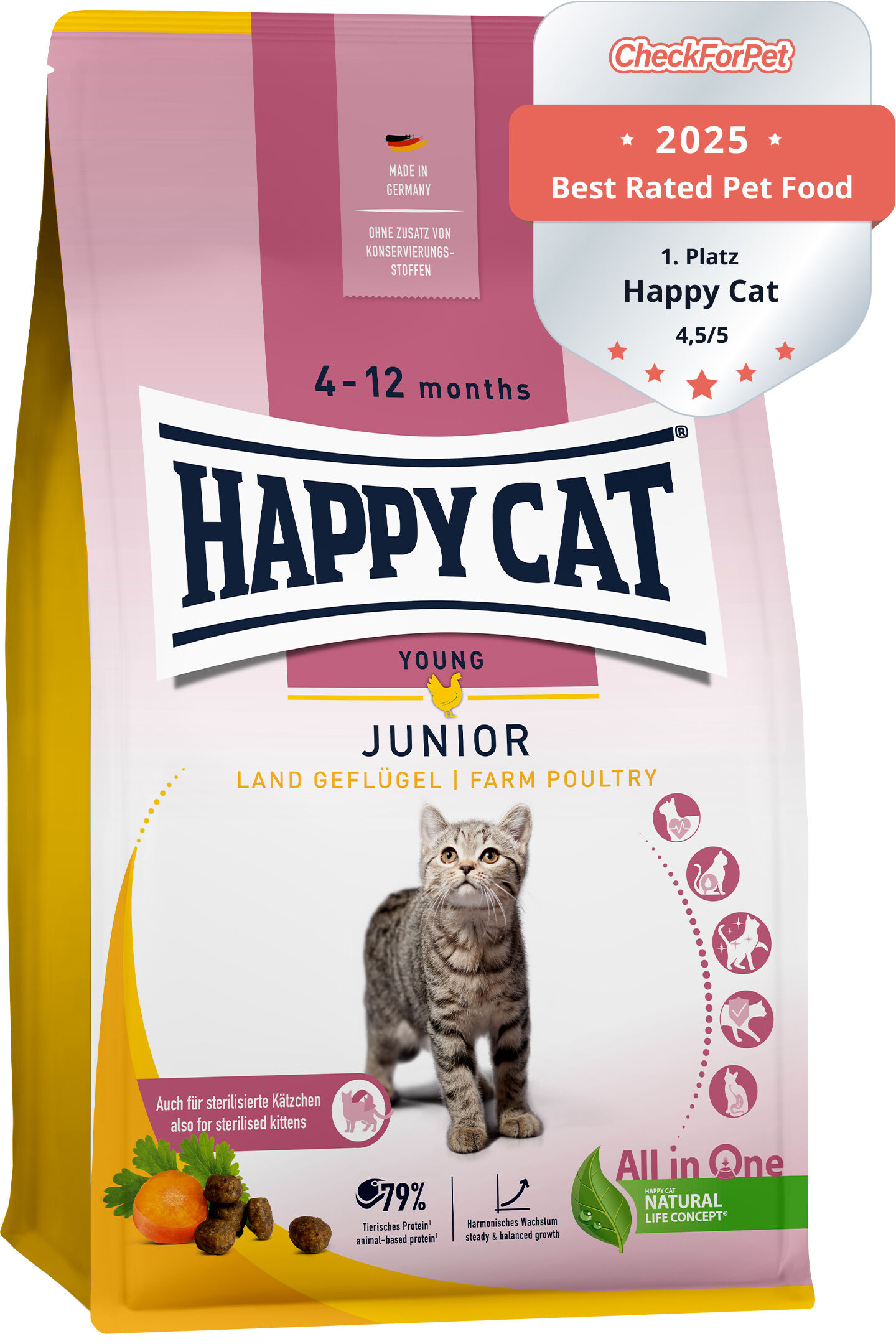 Katzenfutterverpackung von Happy Cat mit Auszeichnungssiegel, Katze abgebildet. Text: "4-12 months, Young, Junior, Land Geflügel, 79% tierisches Protein, Harmonisches Wachstum, All in One."