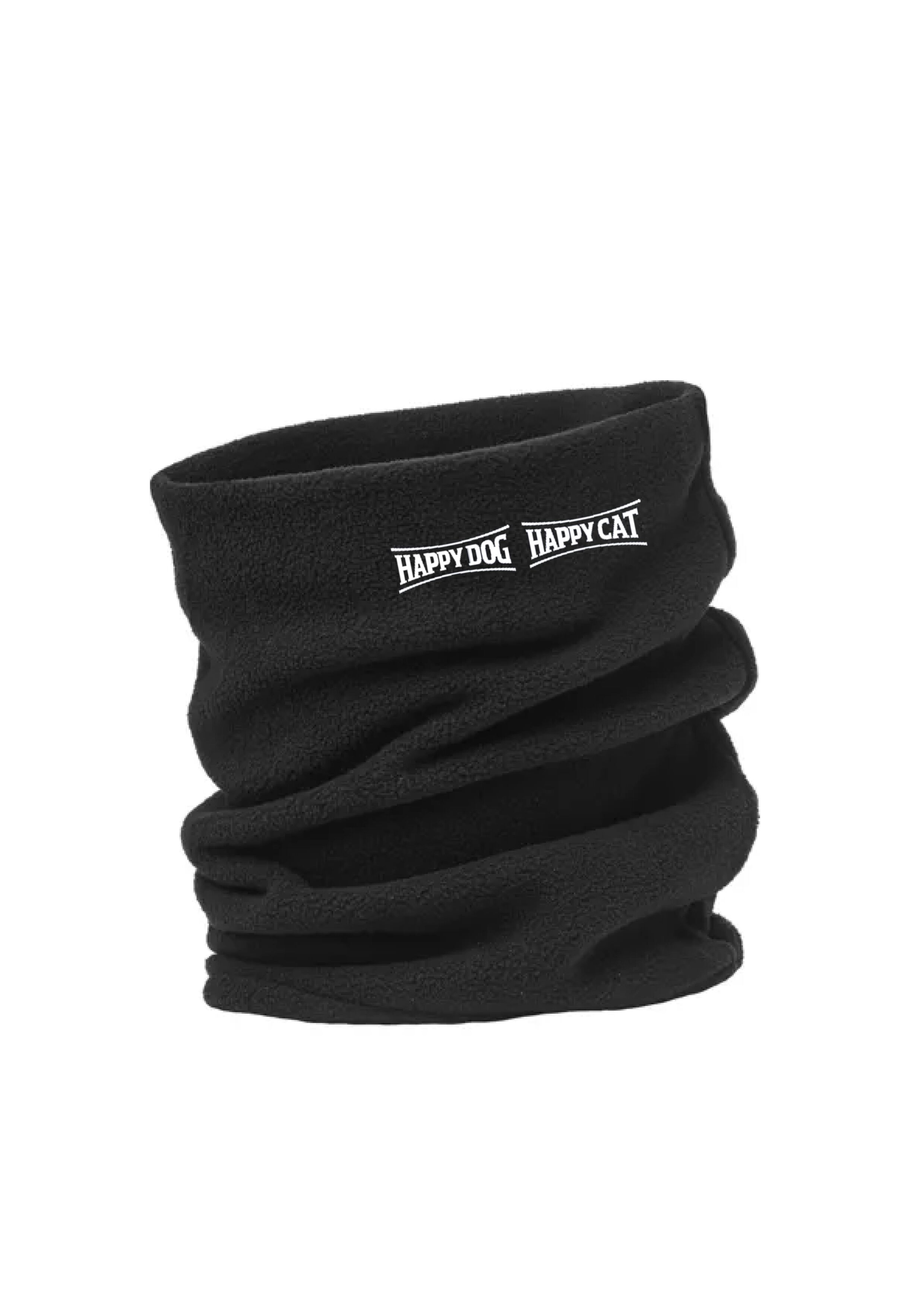 Halswärmer Ein schwarzer Fleece-Schlauchschal mit den Worten "HAPPY DOG HAPPY CAT" darauf gedruckt.