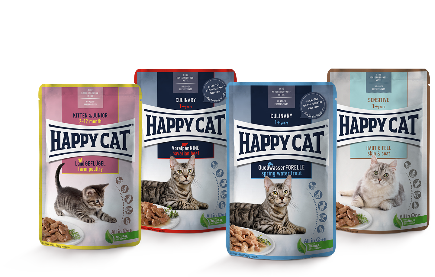 Vier verschiedene Packungen Happy Cat Nassfutter