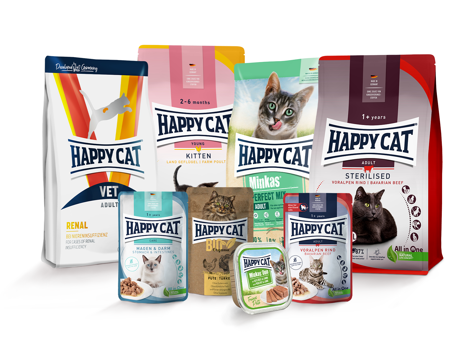 Acht unterschiedliche Futtersorten der Marke Happy Cat
